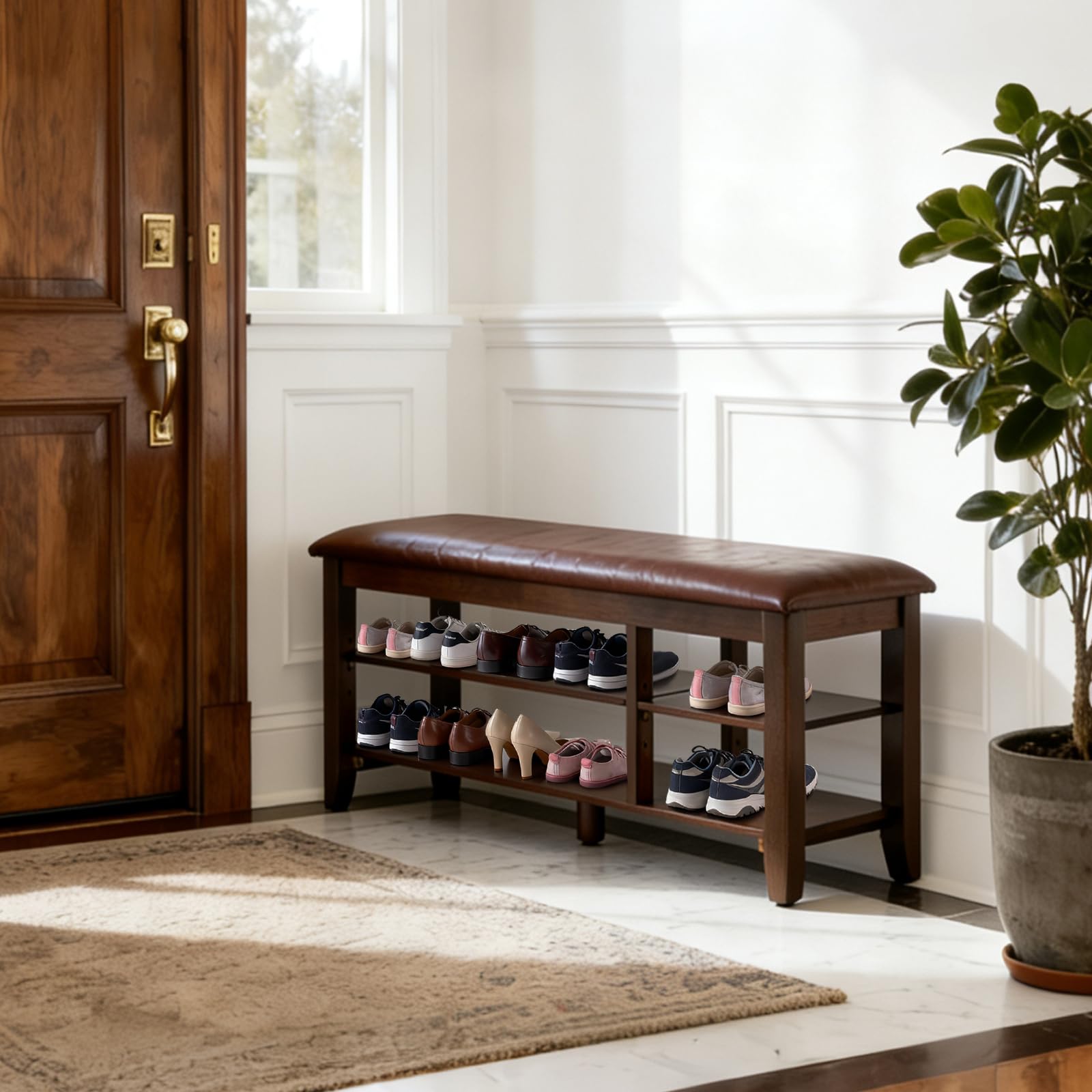 Photo 1 of PY HOME & SPORTS Shoe Rack for Entryway 39.4": 2-Tier Shoe Storage Bench, Adjustable/Removable Shelves, Rubberwood Shoe Benches for Hallway, Porch, Bathroom, Brown
