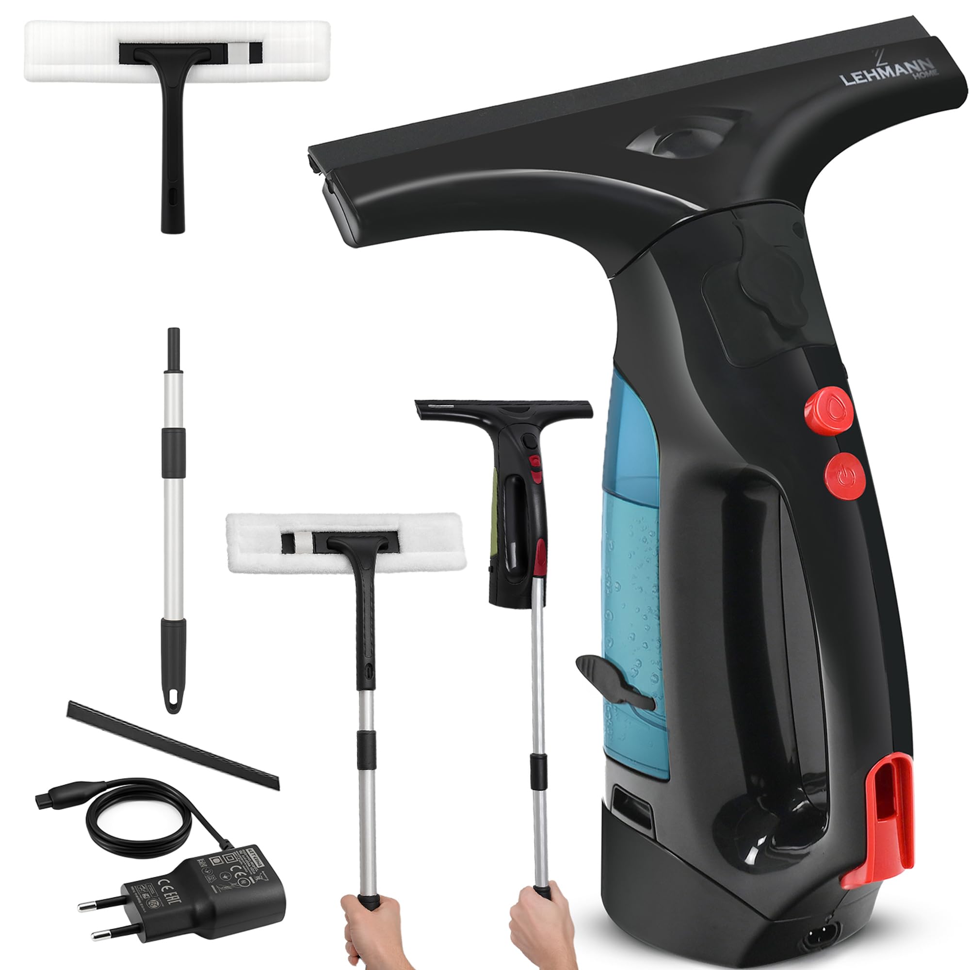 LEHMANN Lavavetri Elettrico con Gomma Extra Sostituibile, Aspiragocce a Batteria 25 cm, Pulisci Vetri con Spray Integrato, Lancia Telescopica & Panno in Microfibra