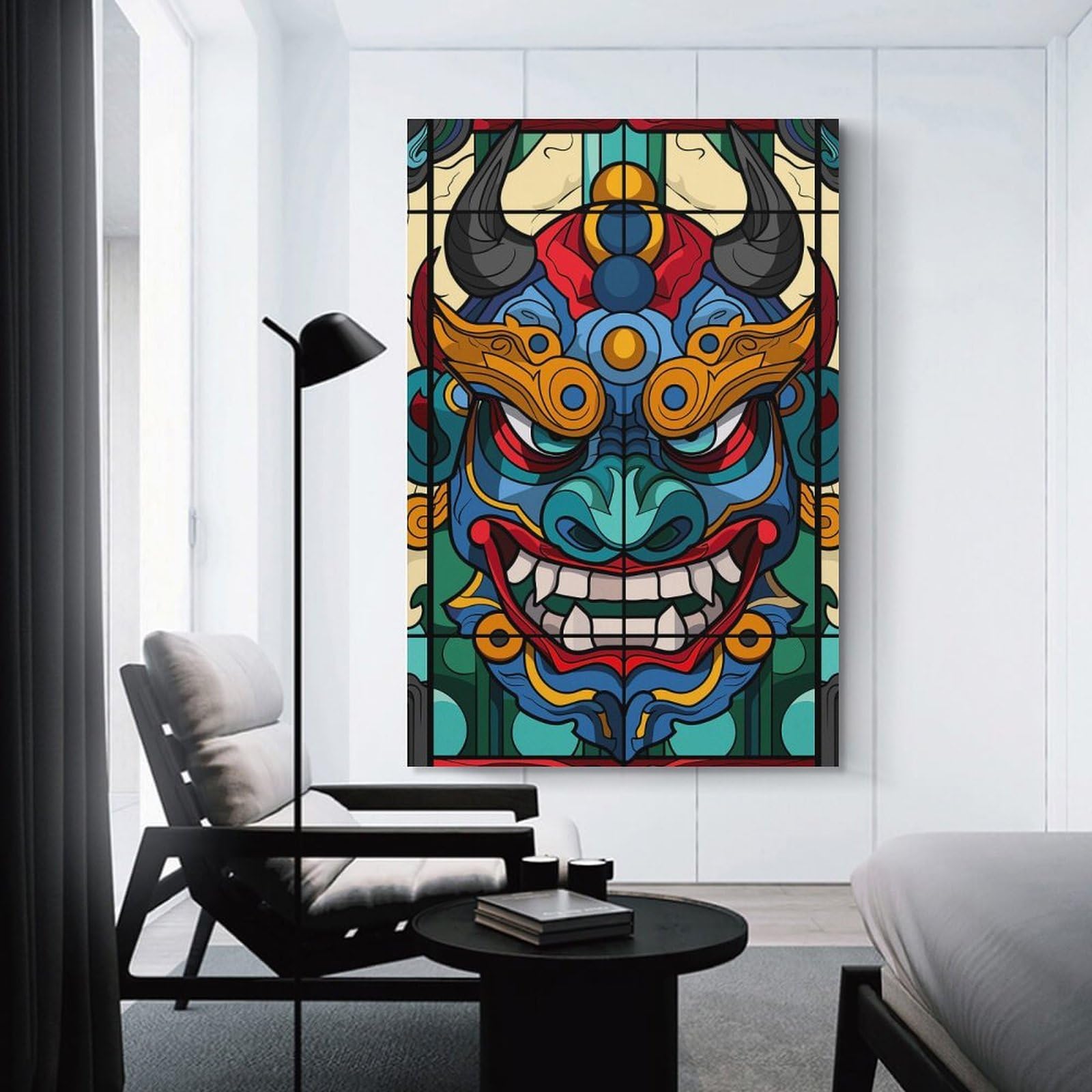 Junmoney Stained Glass Oni Mask Hanging Wall Art 12x18inch(30x45cm), for New Homes, Bedrooms Or Workspaces, Thoughtful Wall Decor for Art Lovers