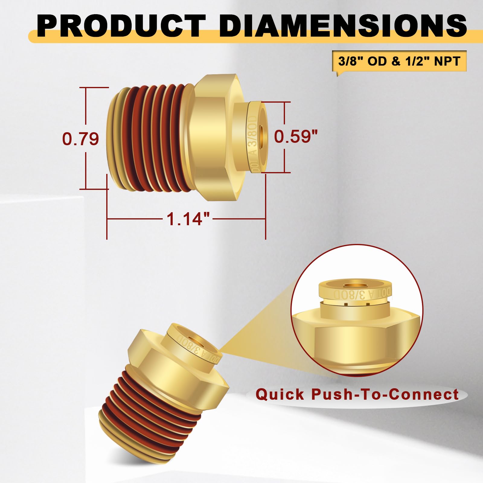 Siptenk Accesorios de línea de aire de latón DOT de 3/8 pulgadas para conectar 5 piezas, tubo OD de 3/8 pulgadas x rosca NPT de 1/2 pulgada, accesorios de conexión rápida para remolques de camiones,