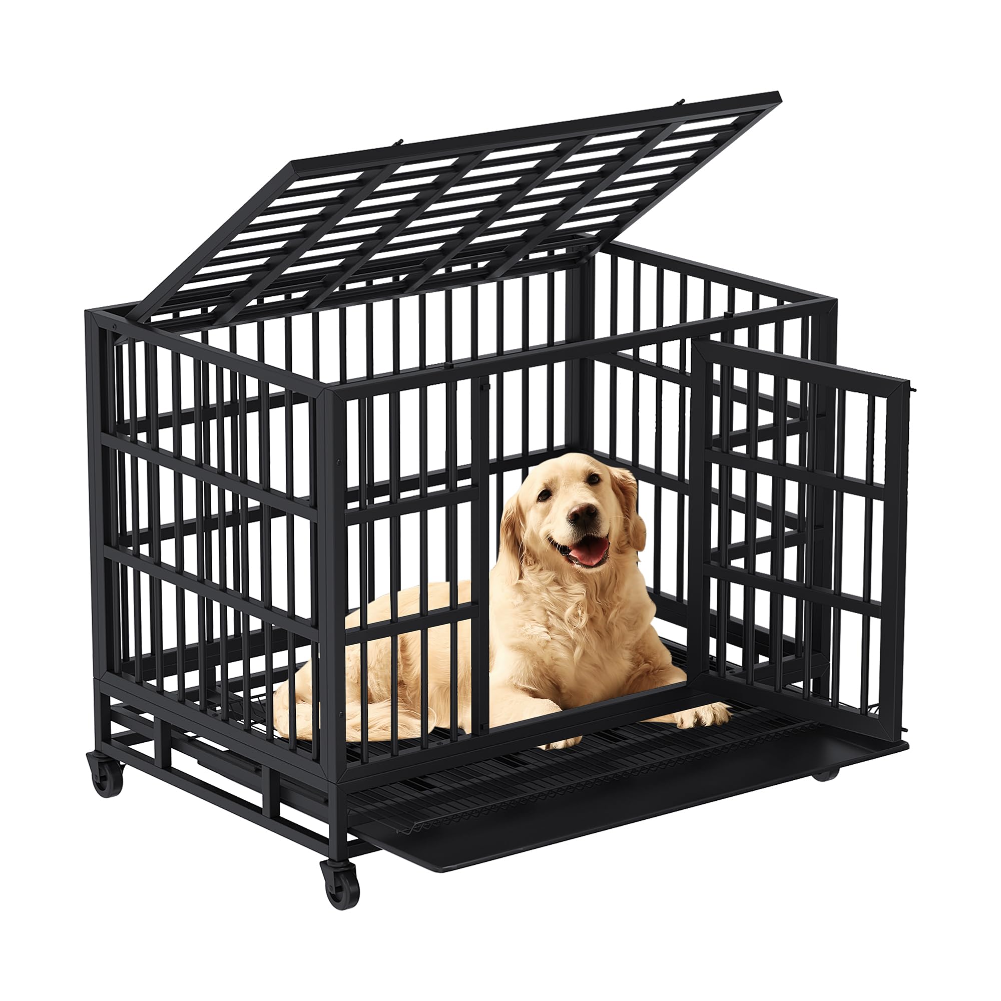Shintenchi 38 inch Heavy Duty Dog Crate for Large Dog, Indestructible and Escape-Proof Dog Crate Cage Kennel with Lockable Wheels, Double Door High Anxiety Dog Crate with Removable Tray, Black