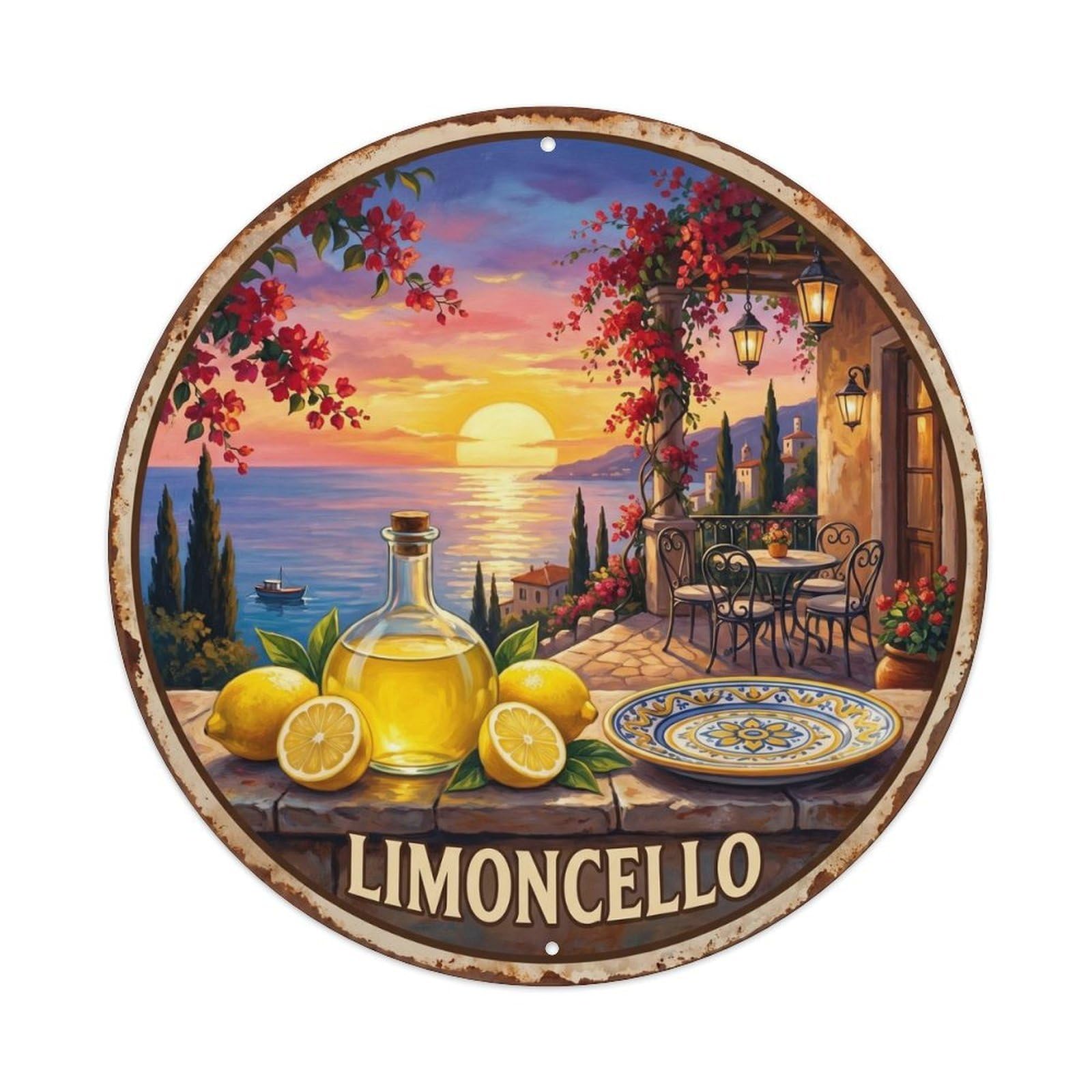 Fqcyn Style Mediterranean Limoncello Sunset Metal Tin Sign Plaque Wall Decor For Cafe, Club Bar, Office, Home Garden Round Metal Poster 8X8inch
