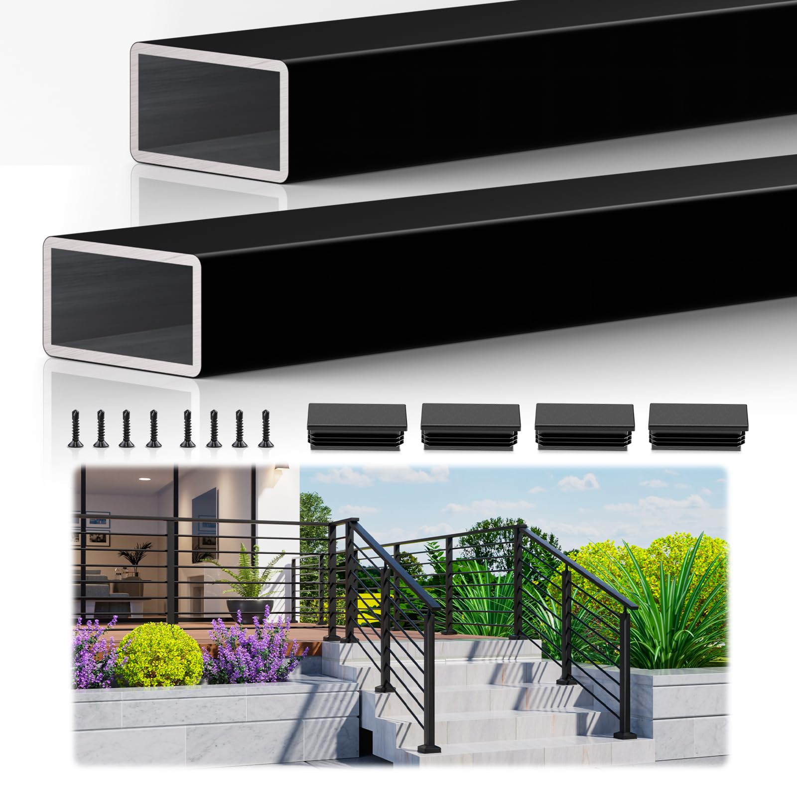 2 Pack 8ft x 2-3/8"x1-3/16 Aluminum Black Handrail, Powder-Coated Top Rail for Horizontal Post System, Weather-Resistant Metal Railing for Porch, Balcony, or Walkway