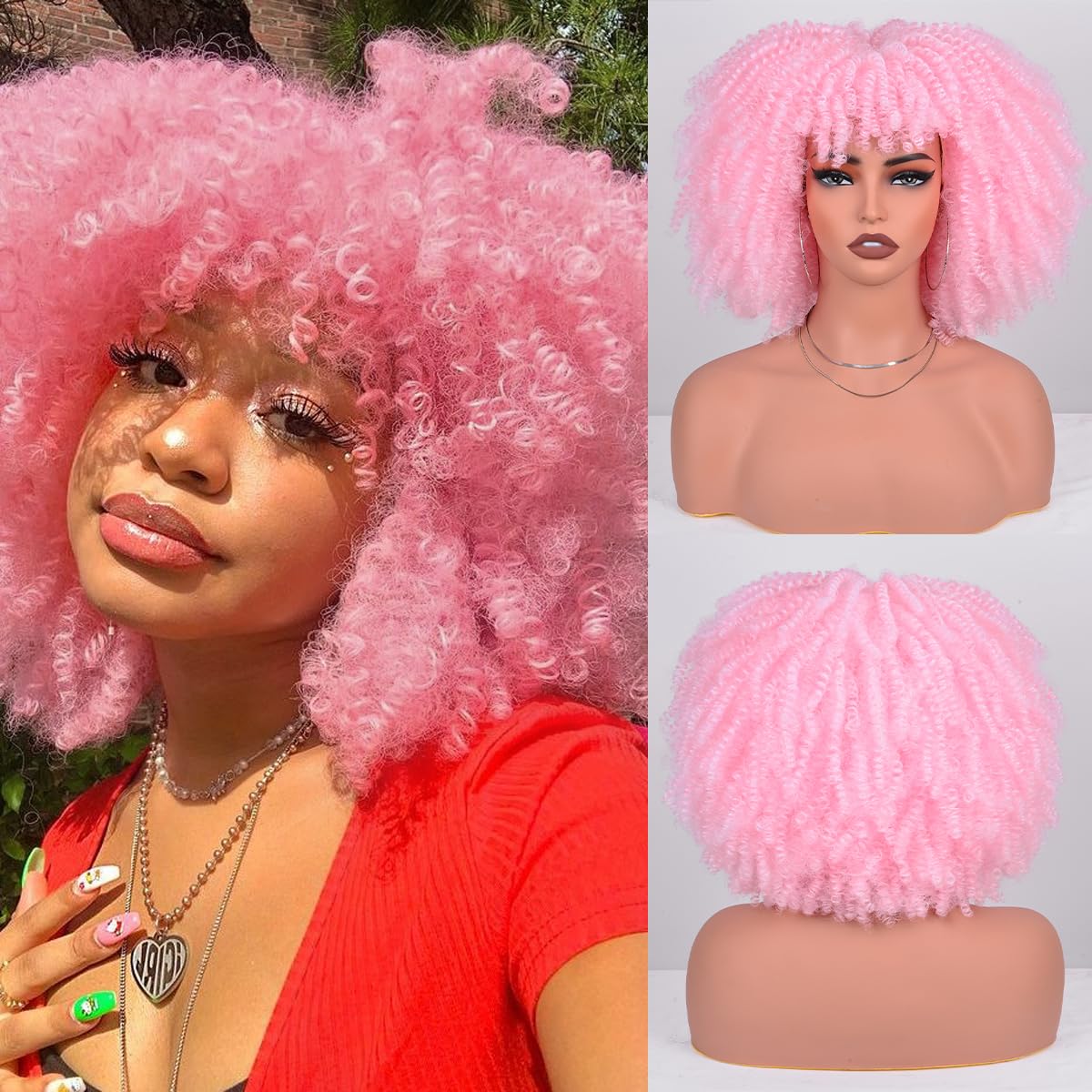 Vitorish Afro Kinky Curly Wig with Bangs 12 Inches Synthetic Full Wigs about 280g/Piece Heat Resistant Short Kinky Curly Wigs for Daily Party Cosplay