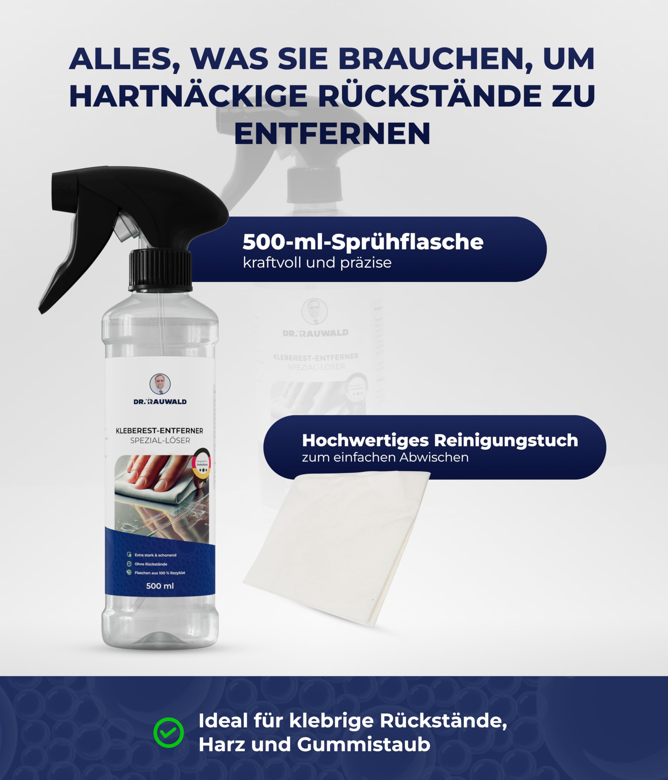 Dr. Rauwald Kleberestentferner – Aufkleber- & Etikettenentferner für Haushalt, Büro & Werkstatt – Entfernt Sekundenkleber – Deutsches Familienunternehmen – inkl. weißem Tuch – 500 ml | Inklusive Reinigungstuch. Löst Sekundenkleber & Anti-Rutsch-Noppen. Mi