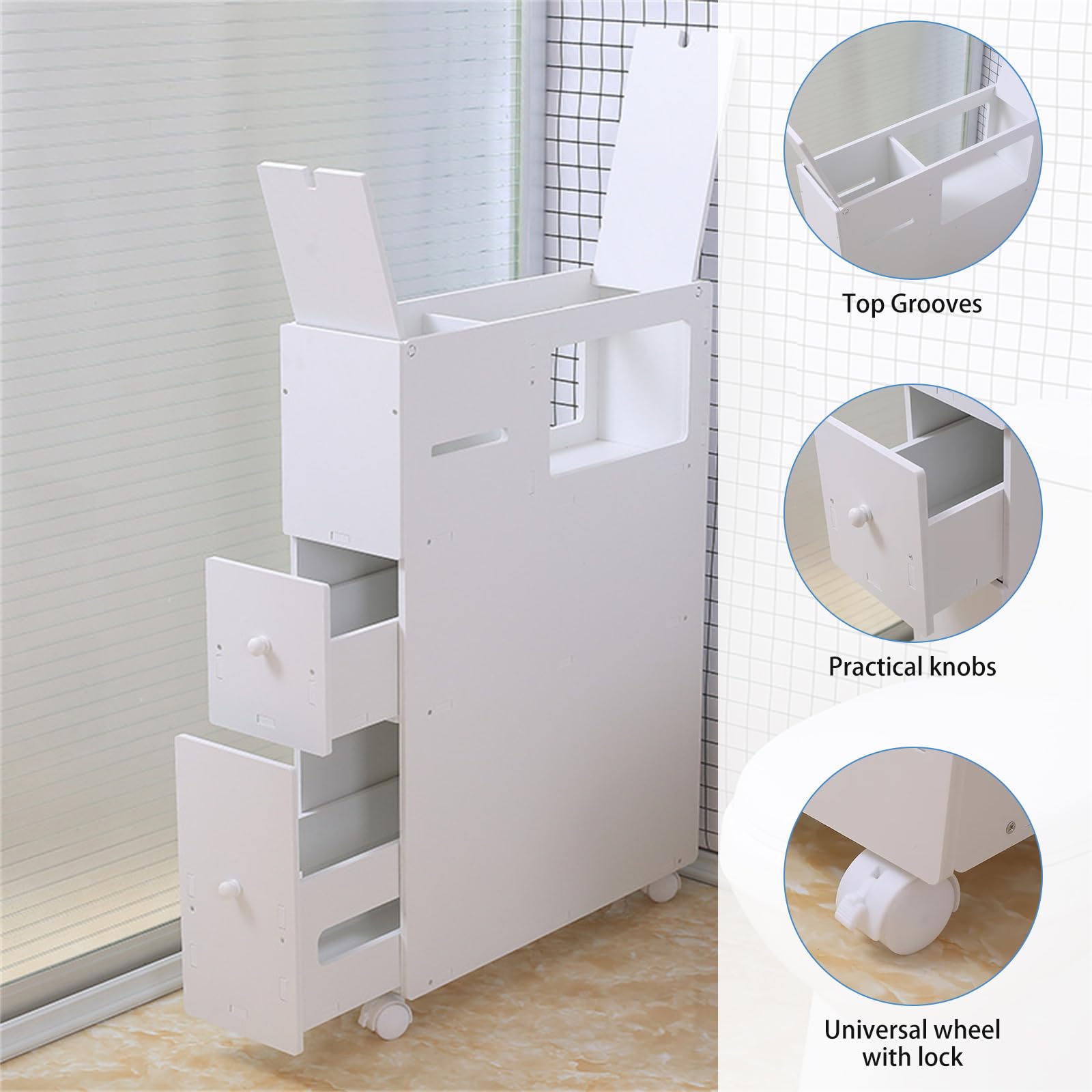 LOKO Armadietto Da Bagno Stretto Con Ruote – Largo 19 Cm, Con Cassetti E Cestelli, Porta Scopino, Organizer Mobile Per Spazi Stretti