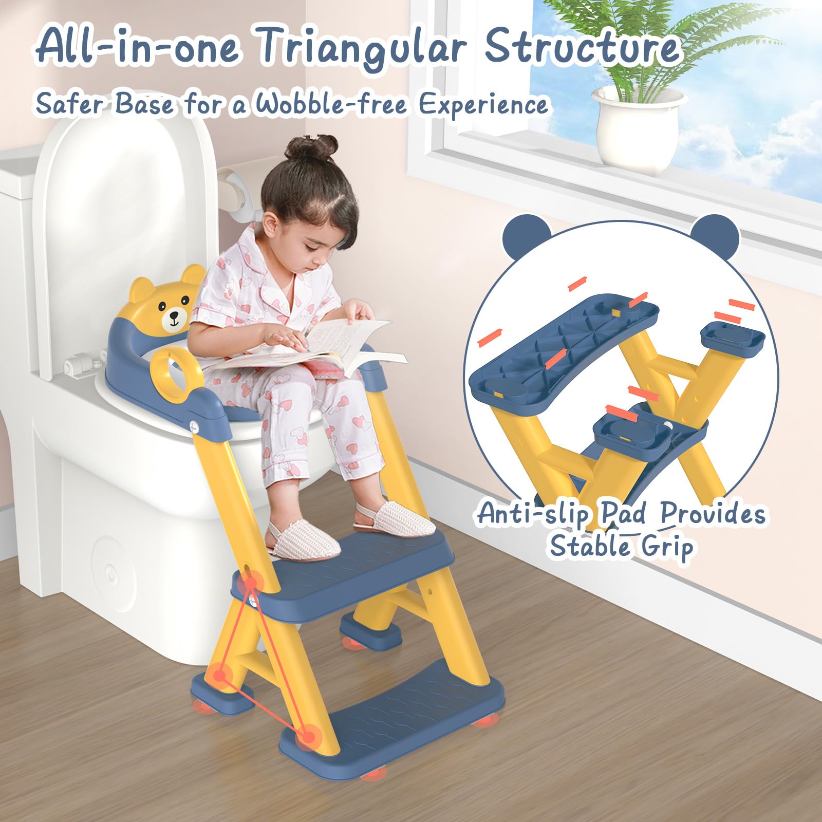 Riduttore WC Bambini, Sedile Rialzato per Bambini Maschi e Femmine, Riduttore WC 2 in 1 con Scaletta, Riduttore WC Sedile del Water con Seggiolino per Bambini, Pedana Antiscivolo Anti-Spruzzo, Blu