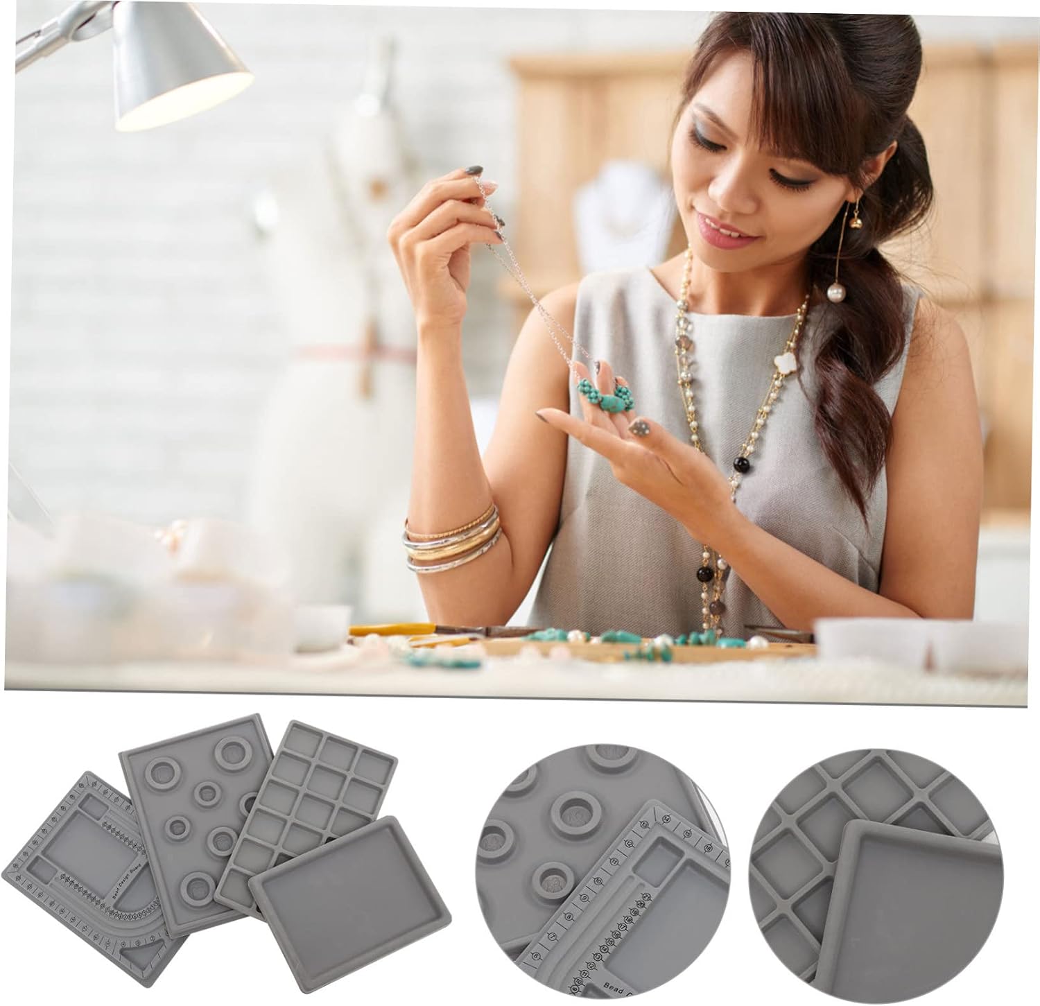 4pcs Jewelry Design Bead Tray for Bracelet Necklace Making Plastic Organizer with Measurement Board for Bead Layout and Practical DIY Craft Tool