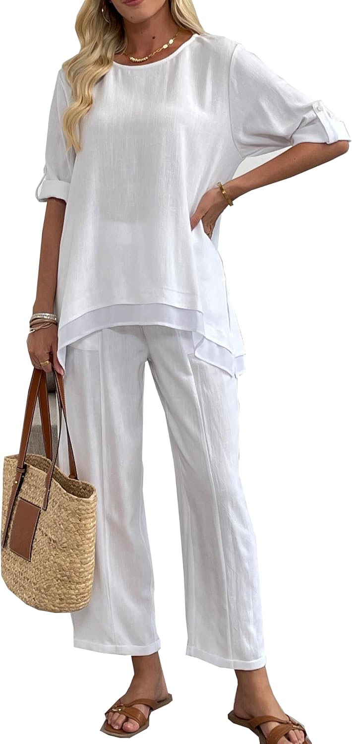 Women's Linen 2 Piece Outfits Rolled Sleeves Tops Wide Leg Trouser Pants Suits Summer Casual Dressy Linen Sets