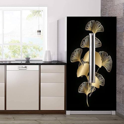 Miniatura 3 de Juego de envolturas de vinilo autoadhesivas para refrigerador, Ginkgo Gingko Biloba, hojas doradas, mural botánico natural para puerta de metal,