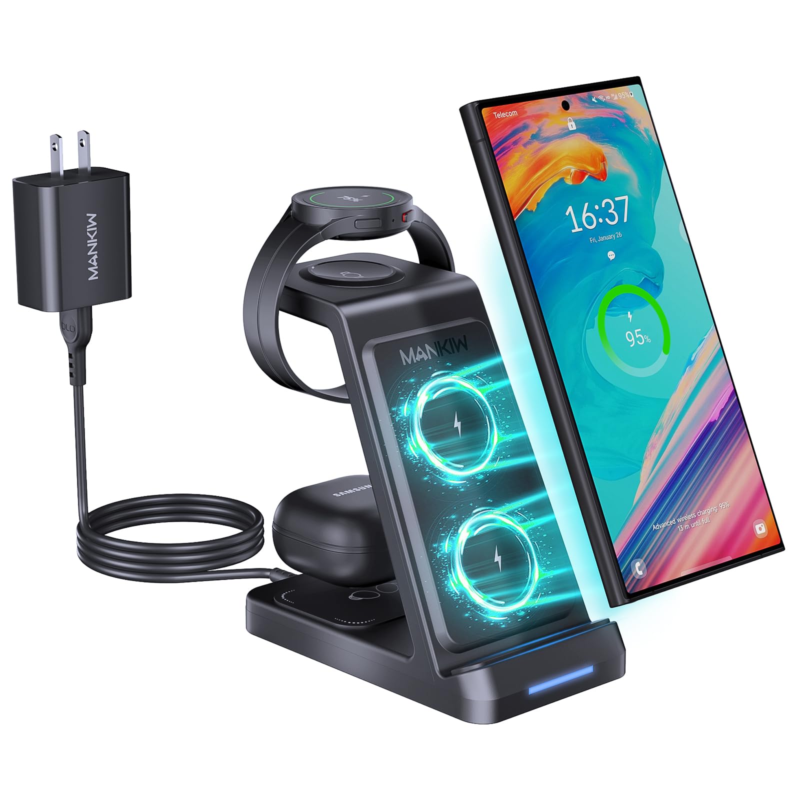 3 in 1 Wireless Charging Station for Samsung,Fast Phone Charger Station for Samsung Galaxy S24 S23 S22 S20 Ultra Z Flip Fold 5/4/3Galaxy Watch 6/5/4/3Buds