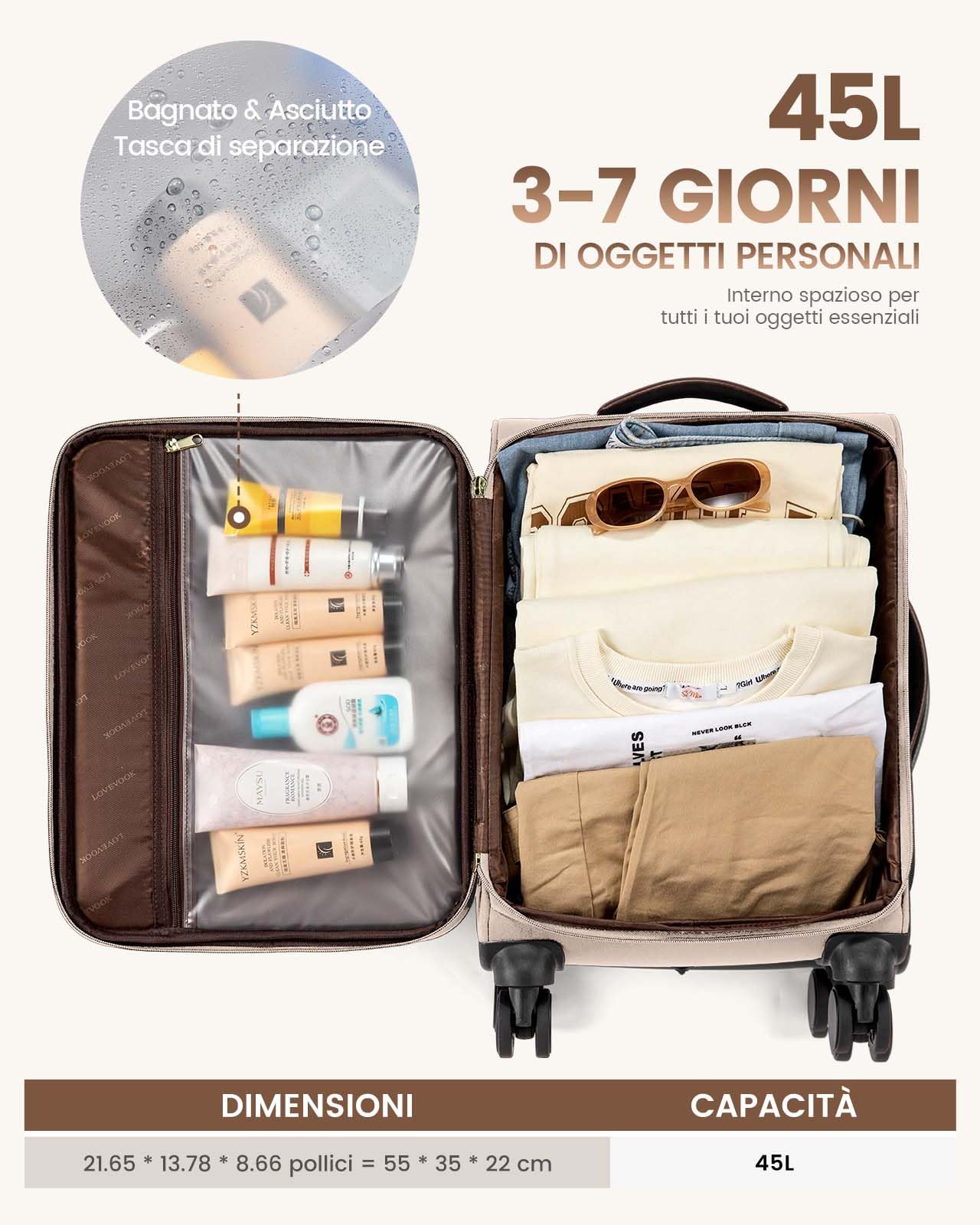 LOVEVOOK Valigia Bagaglio a Mano, Trolley Leggero Morbido Valigia da Viaggio con 4 Ruote e Lucchetto TSA, Piccola Valigia da Cabina da 55 cm con Scomparto per Laptop, 45L
