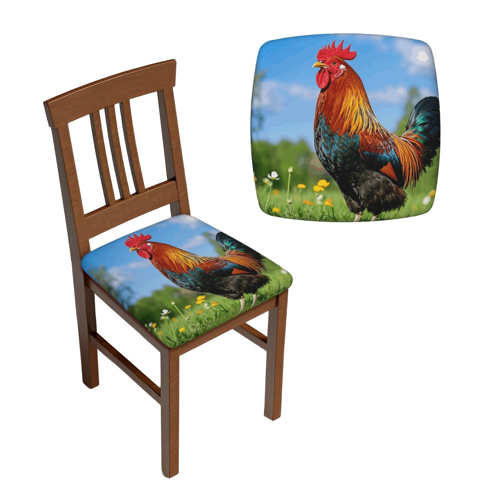 FodPand 4PCS Dining Chair Covers for Dining Room Rooster Chair Seat Cover Stretch Parsons Chair Slipcover Removable Washable Seat Cushion Slipcovers Cover for Kitchen Office