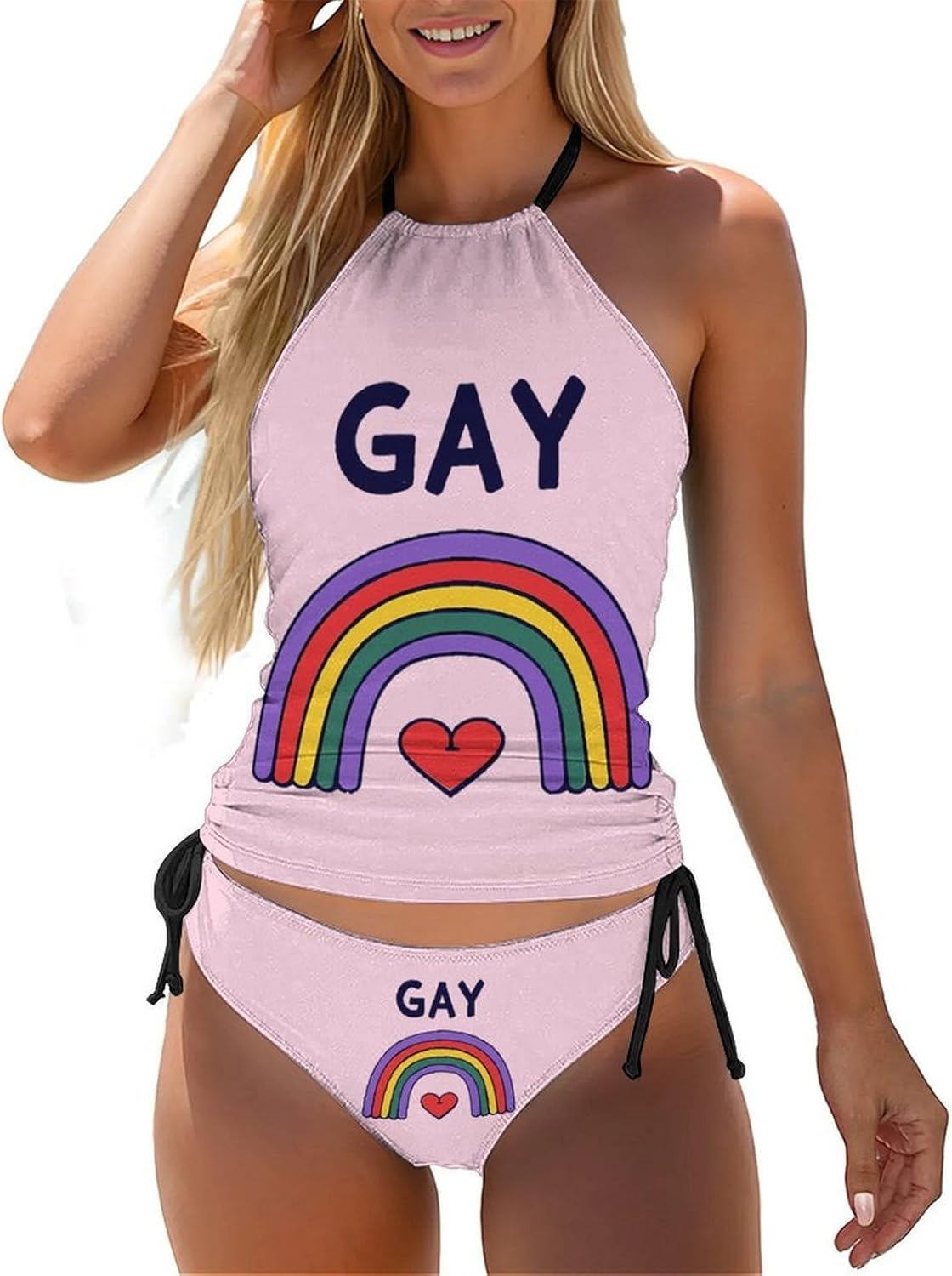 Gay Rainbow Heart Women's Tankini Swimsuit Two Piece Tummy Control Bathing Suits Tie String Swimwear