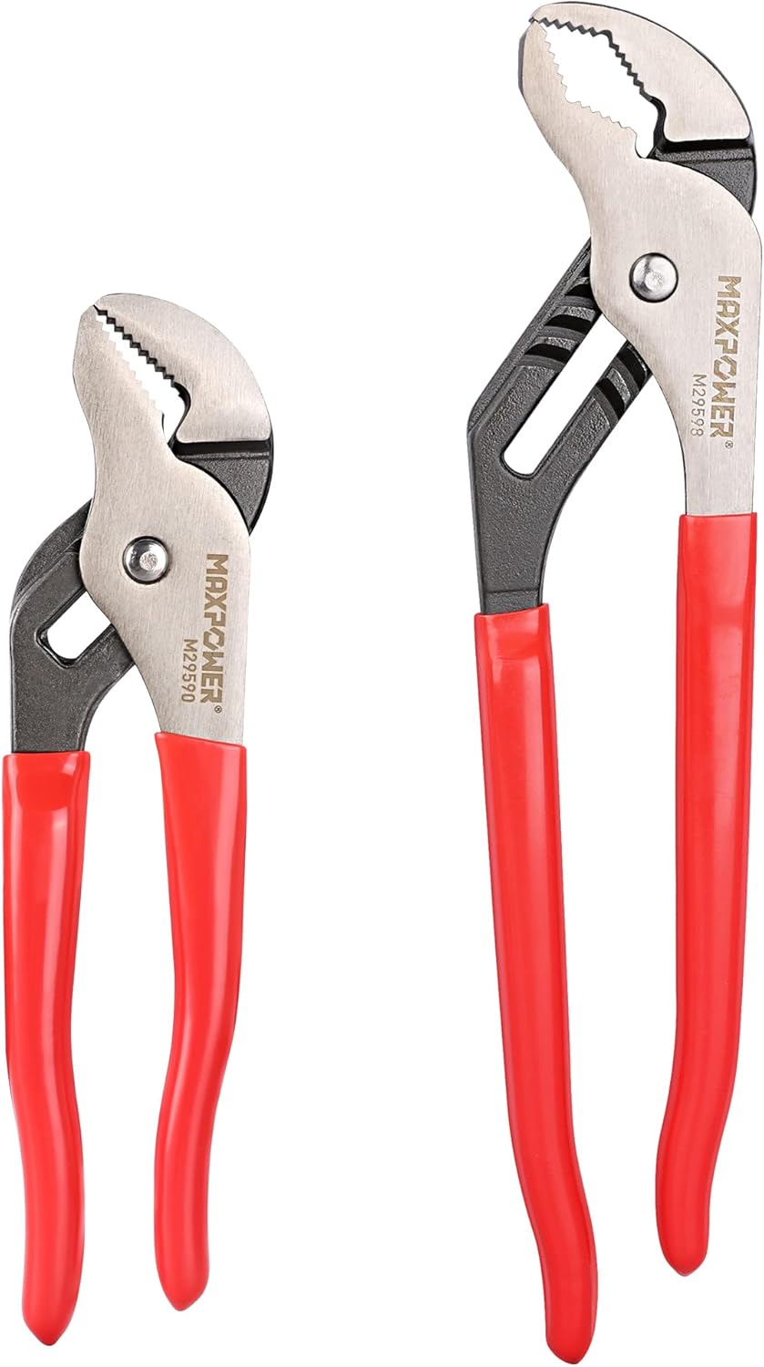 MAXPOWER Groove Joint Pliers Set, 8 inch and 12 inch Quick Adjustable Serrtated V Jaw Tongue and Groove Pliers