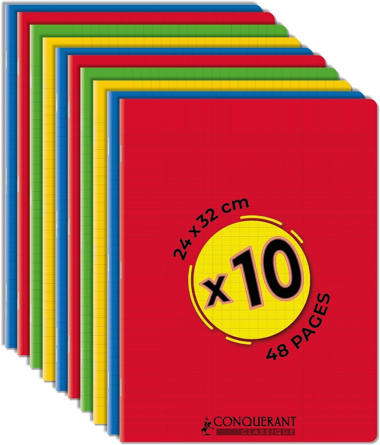 Conquérant Classique Lot de 10 Cahiers 24x32cm Grands Carreaux 48 Pages Agrafées Seyès, Couleurs Assortis
