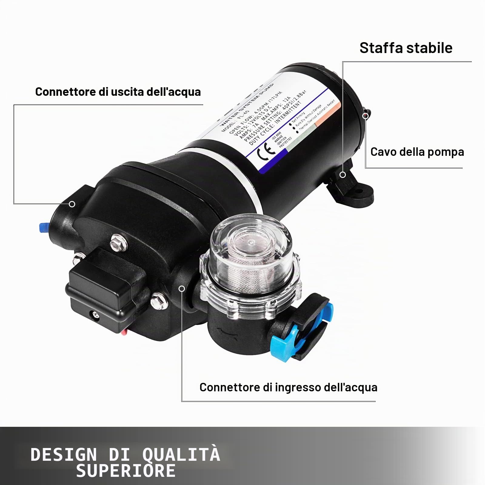 Pompa a Membrana ad Alta Pressione FL-40 40PSI Pompa a Membrana per Acqua Spruzzatore Autoadescante 17L / min 12V, Utilizzo Camper/Barca/RV/Giardino/Industria Agricola