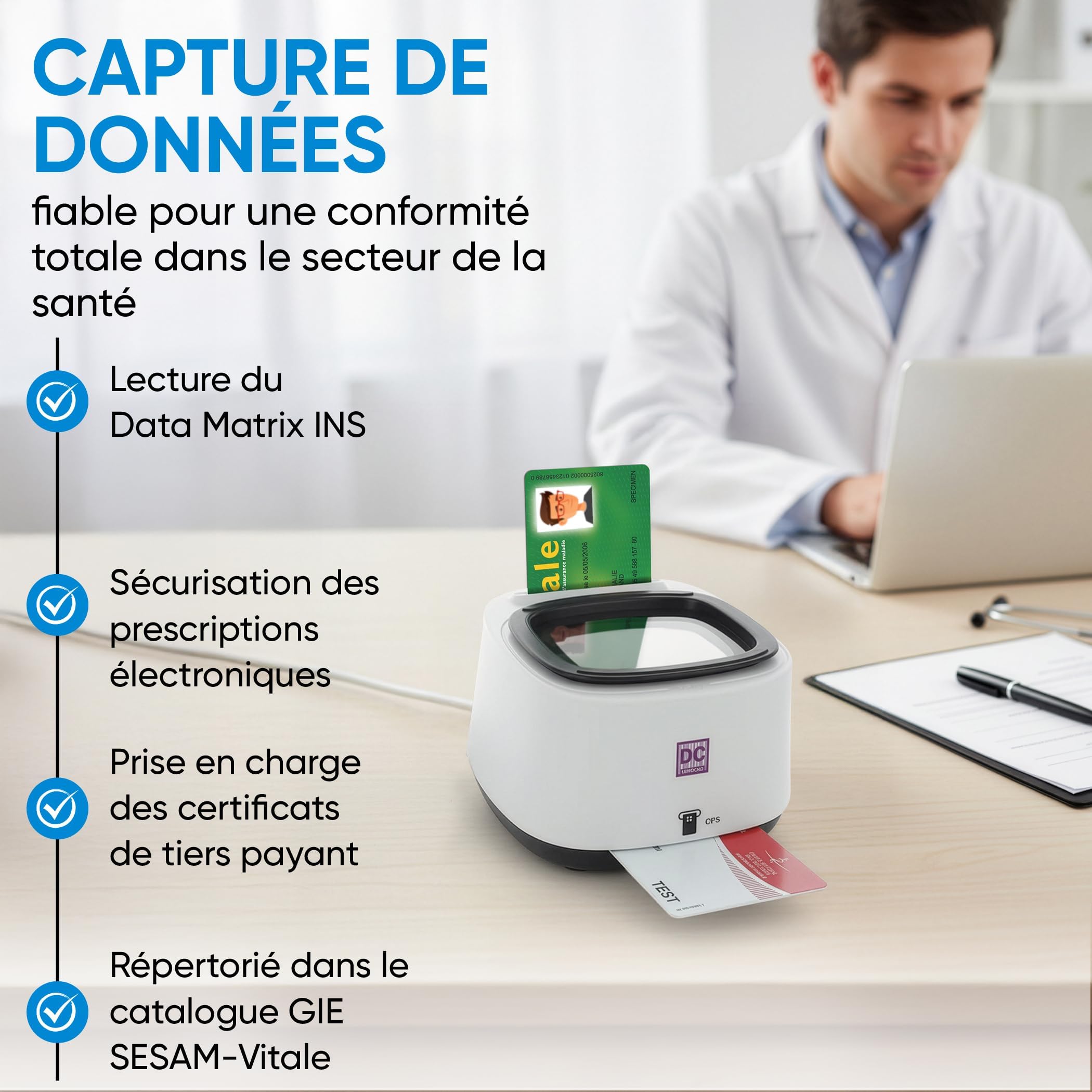 DC300 Pro Lecteur 4 en 1 QRCODE NFC 2 Fentes Carte Vitale et CPS Sesam Vitale USB Windows