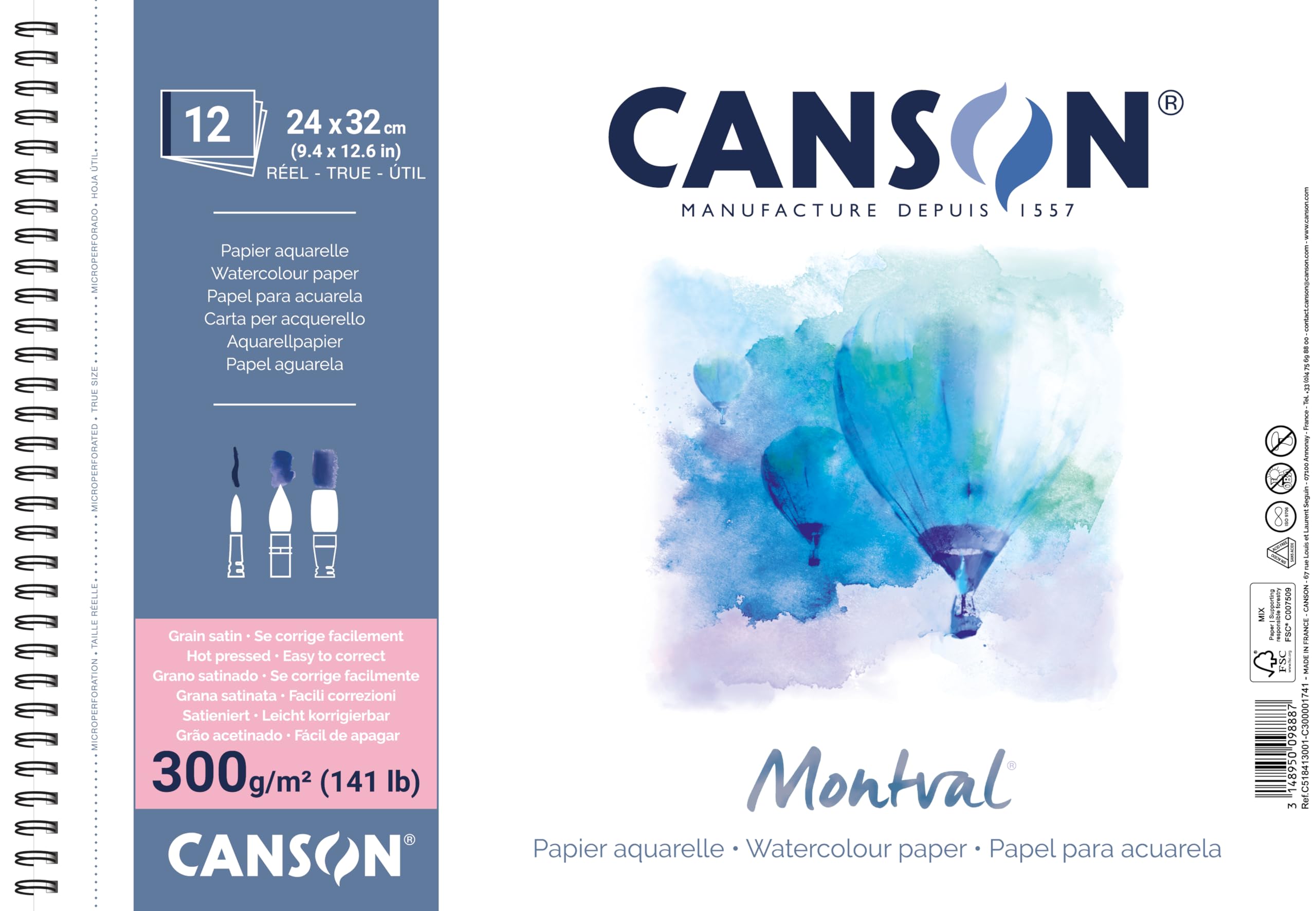 CANSON Montval, Watercolor Paper, Satin, 300gsm, Sheet, 24x32cm, Horizon Blue