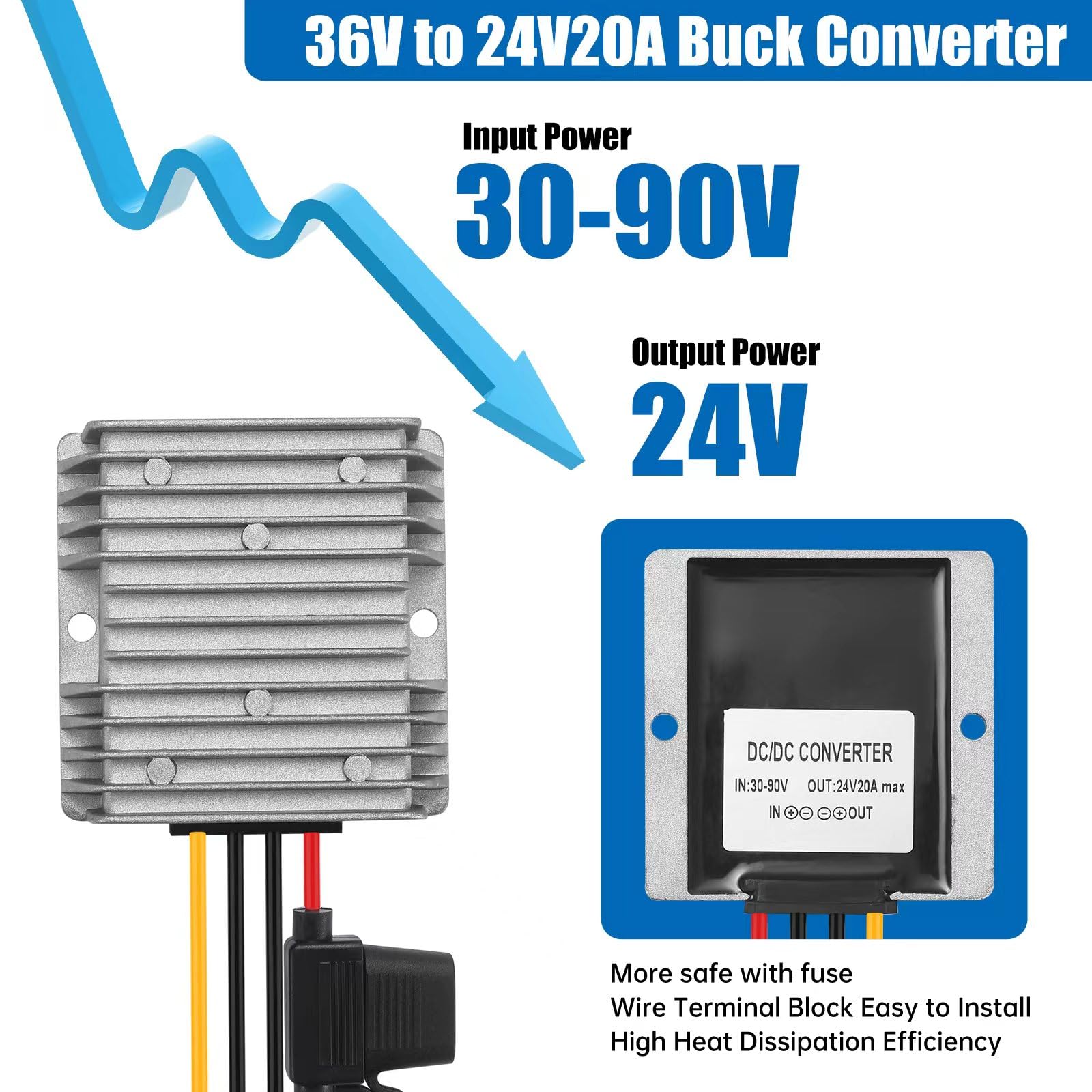 24V/48V/60V/72V a 24V 20A Buck Convertidor de Potencia DC-DC Transformador Reductor de Fuente de Alimentación Convertidor Buck para Interruptores de Equipos CNC Paneles Fotovoltaicos y más