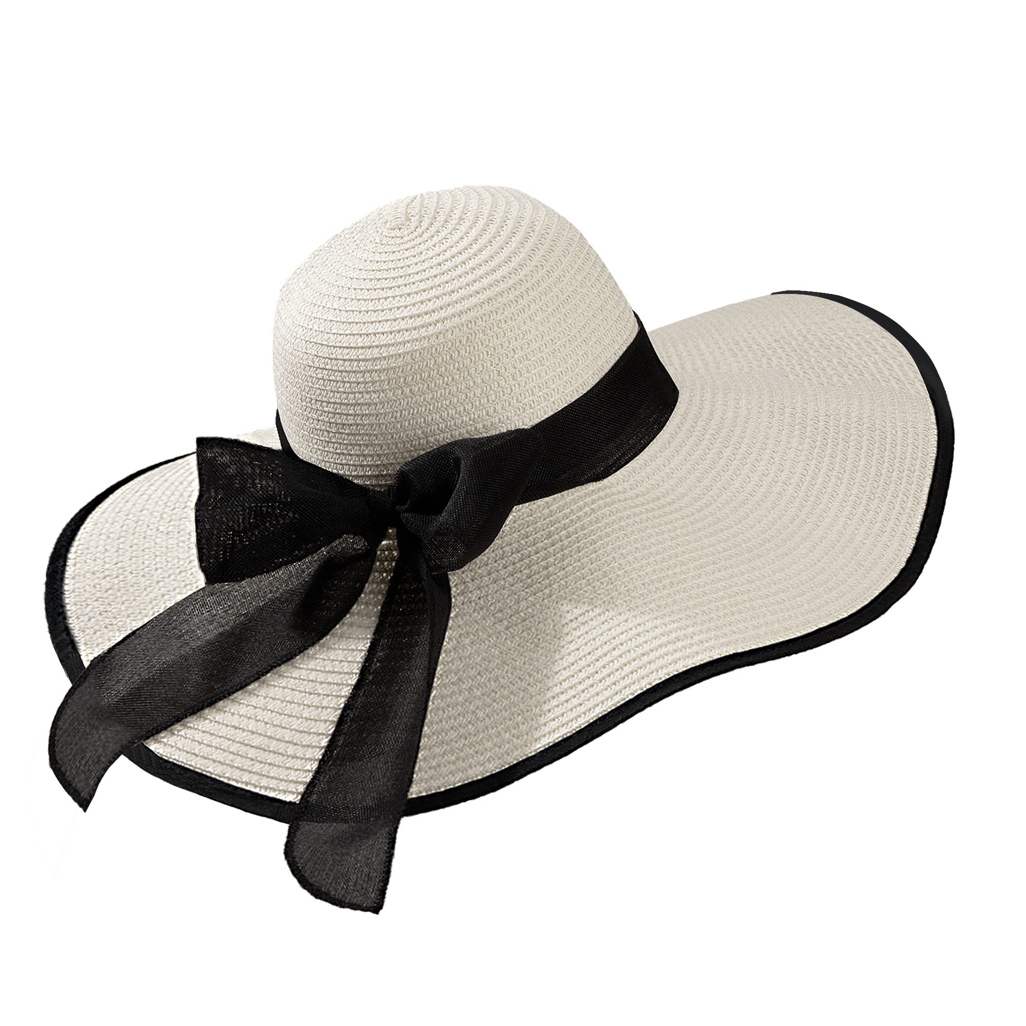 Sombrero de Paja de Las Mujeres Sombrero de Verano Plegable Ajustable Transpirable Suave Grande ala Ancha Blanco para Señora Chicas Viajes Vacaciones Decoración Trenzado Bohemia