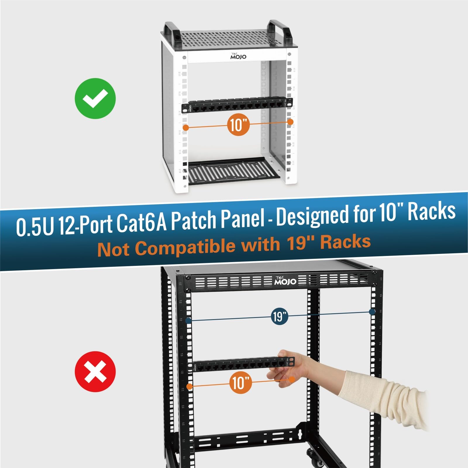 Tecmojo 10 Pollici 0,5U Pannello di Permutazione a 12 Porte Cat6A, Pannello Modulare per Montaggio su Rack con Connettori Keystone RJ45, 10 Gigabit Ethernet, Nero
