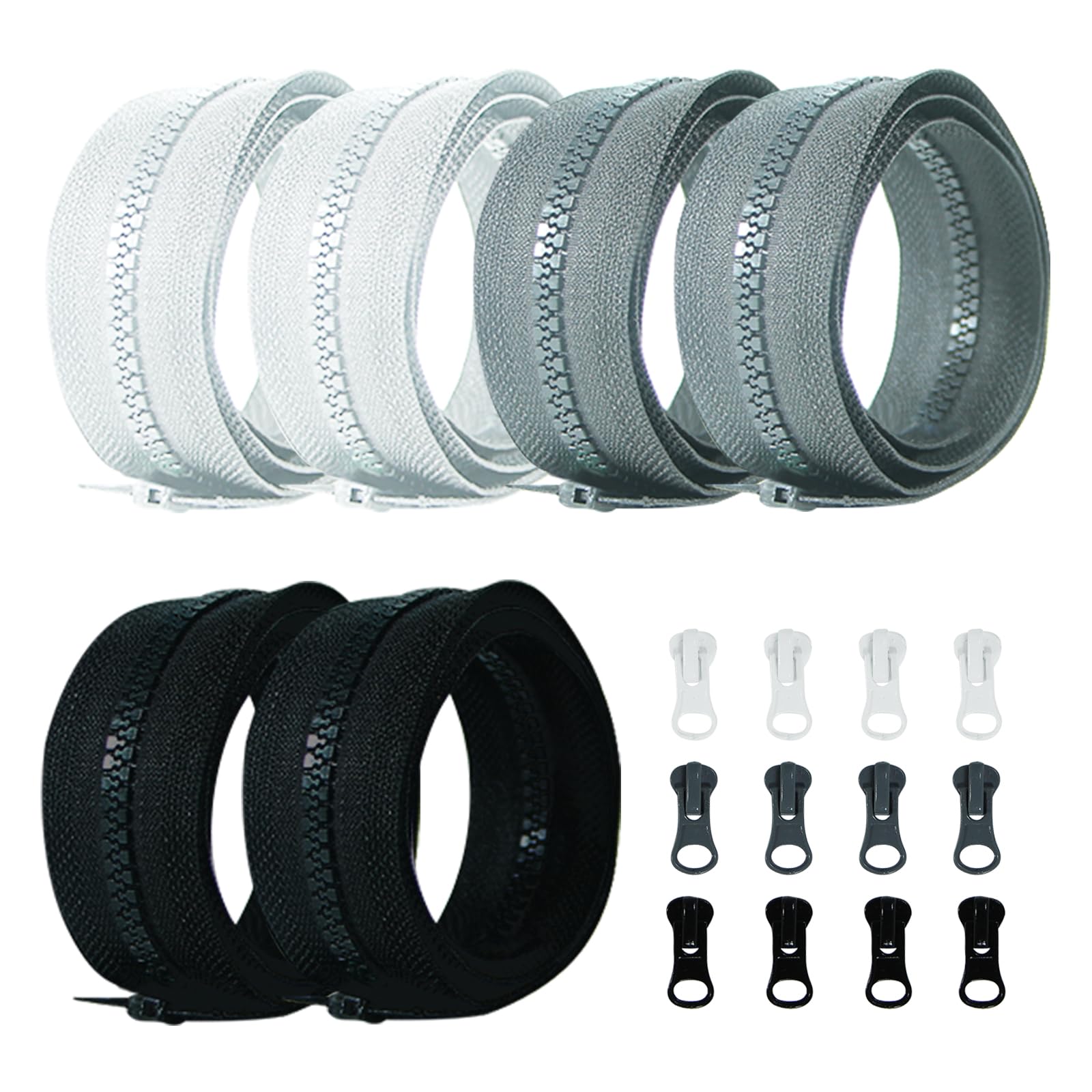 6 PCS Zippers, 70cm/27.6in Resin Coil Zipper Set with 12 Metals Zipper Pulls, Self Locking Zips for Sewing Crafts DIY Tailor Clothes Coats Jackets Purse Bags Supplies Black White Grey