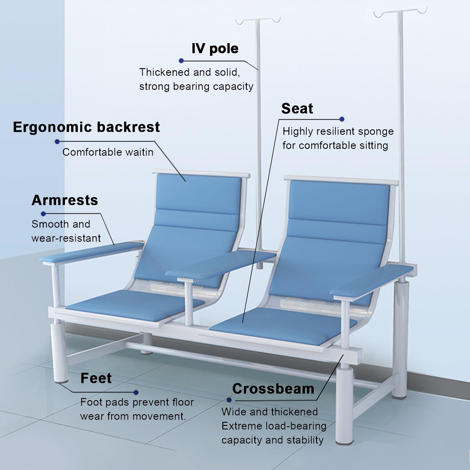 Fauteuil Médical pour Perfusion et Prélèvement Sanguin, Banc D'attente 2 Places avec Potence à Perfusion, pour Hôpitaux, Cliniques et Cabinets Médicaux(Green)