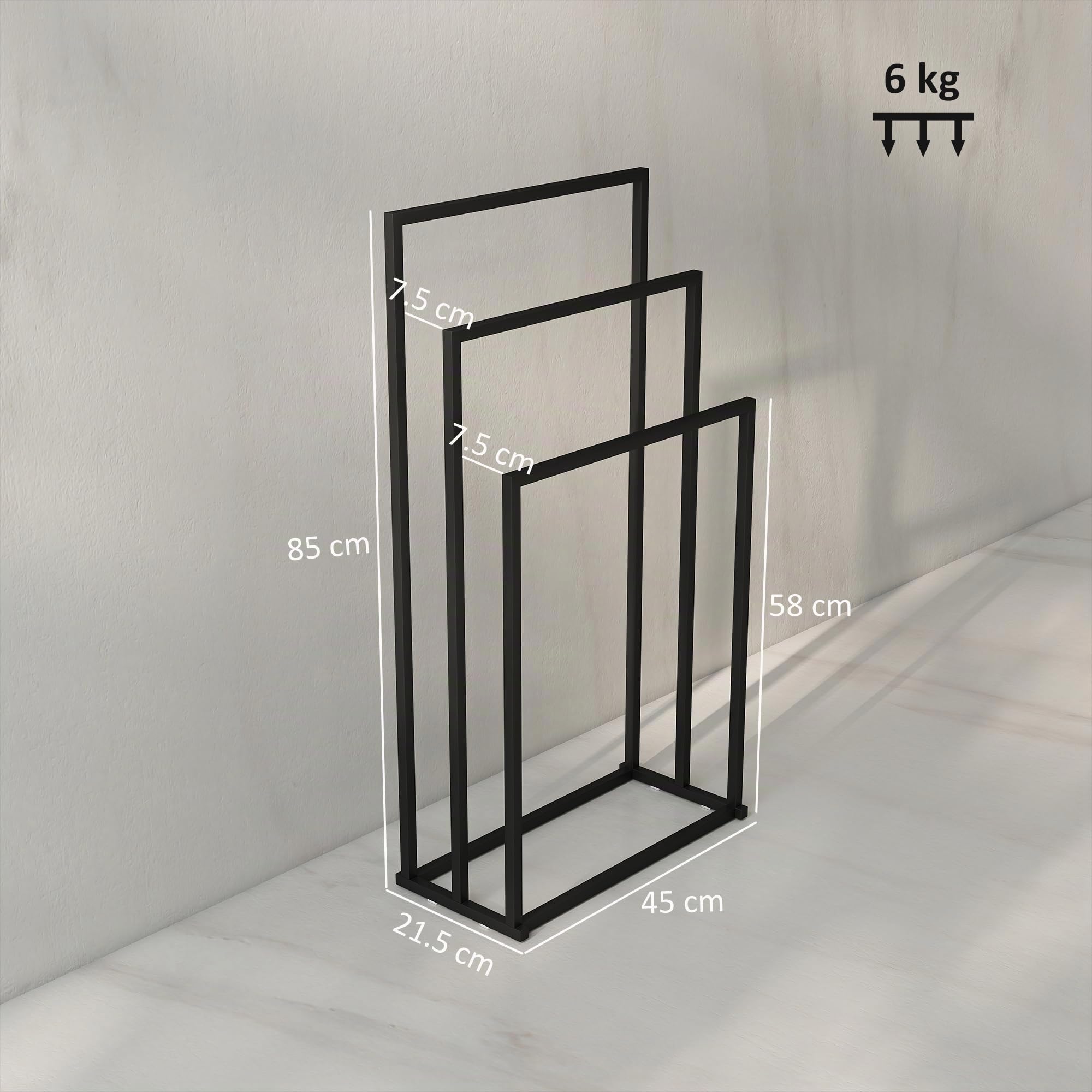 HOMCOM Portasciugamani da Terra 3 Bracci Autoportante 45x21.5x85 cm Nero | Porta Asciugamani per Bagno in Acciaio, Porta Salviette