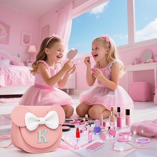 Miniatura 4 de Maquillaje no tóxico para niñas pequeñas, juegos de maquillaje real seguros para niñas de 3 a 8 años con bolsa inicial K, kit de maquillaje para