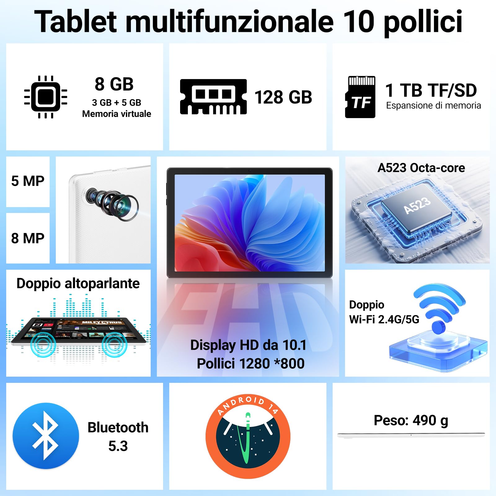 Tablet, 10 Pollici Android Tablet Octa-Core, 64GB ROM 1TB Espandibili, WiFi 6, BT 5.3, Face ID, Schermo 1280x800 HD IPS, Widevine L1, Doppia Fotocamera 5MP+8MP, 5000mAh（Bianco） - 3