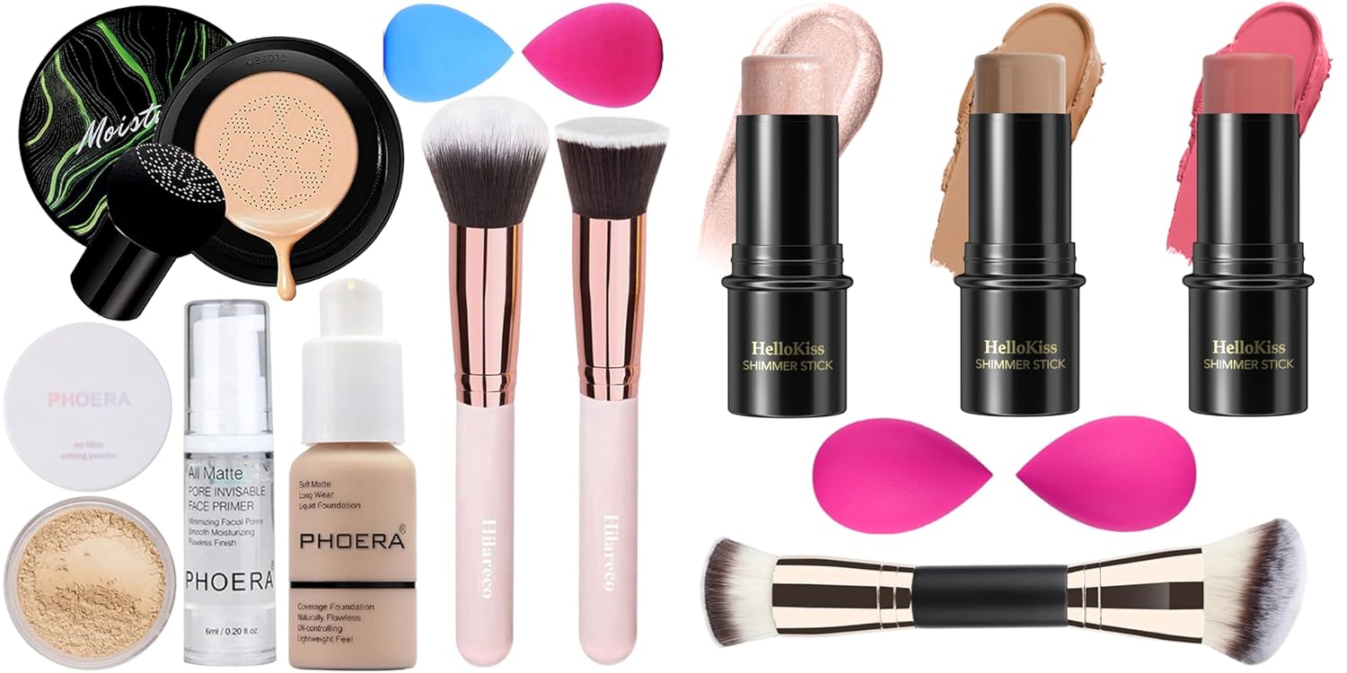 Hilareco PHOERA Foundation,Mushroom Head Air Cushion CC Cream, PHOERA Primer, PHOERA Powder,3 Pcs Cream Contour Stick Makeup Kit, Shades with Highlighter Stick, Blush Stick and Bronzer Contour Stick