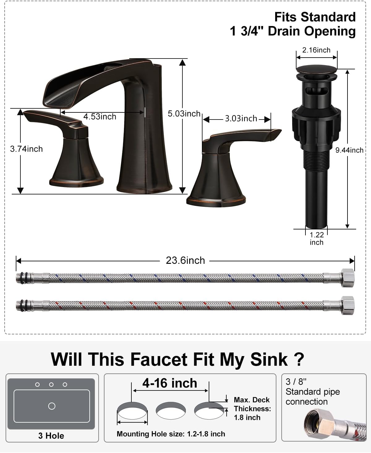 Fapully Oil Rubbed Bronze Bathroom Faucet 3 Hole, Waterfall 8 Inch Two-Handle Widespread Bathroom Sink Faucet with Pop-up Drain