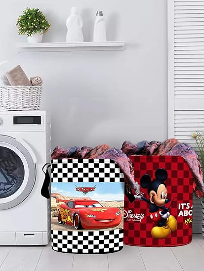 Kuber Industries Disney Print Round Non Woven Fabric Foldable Laundry Basket, Toy Storage Basket, Cloth Storage Basket with Handles, 45 LTR (Set of 2, Black & Maroon)-KUBMART11665, Standard