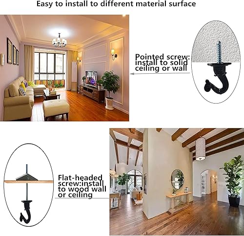 Miniatura 6 de 6 juegos de ganchos de techo para plantas colgantes, gancho resistente con accesorios para instalación en techo y fijación de pared (negro)