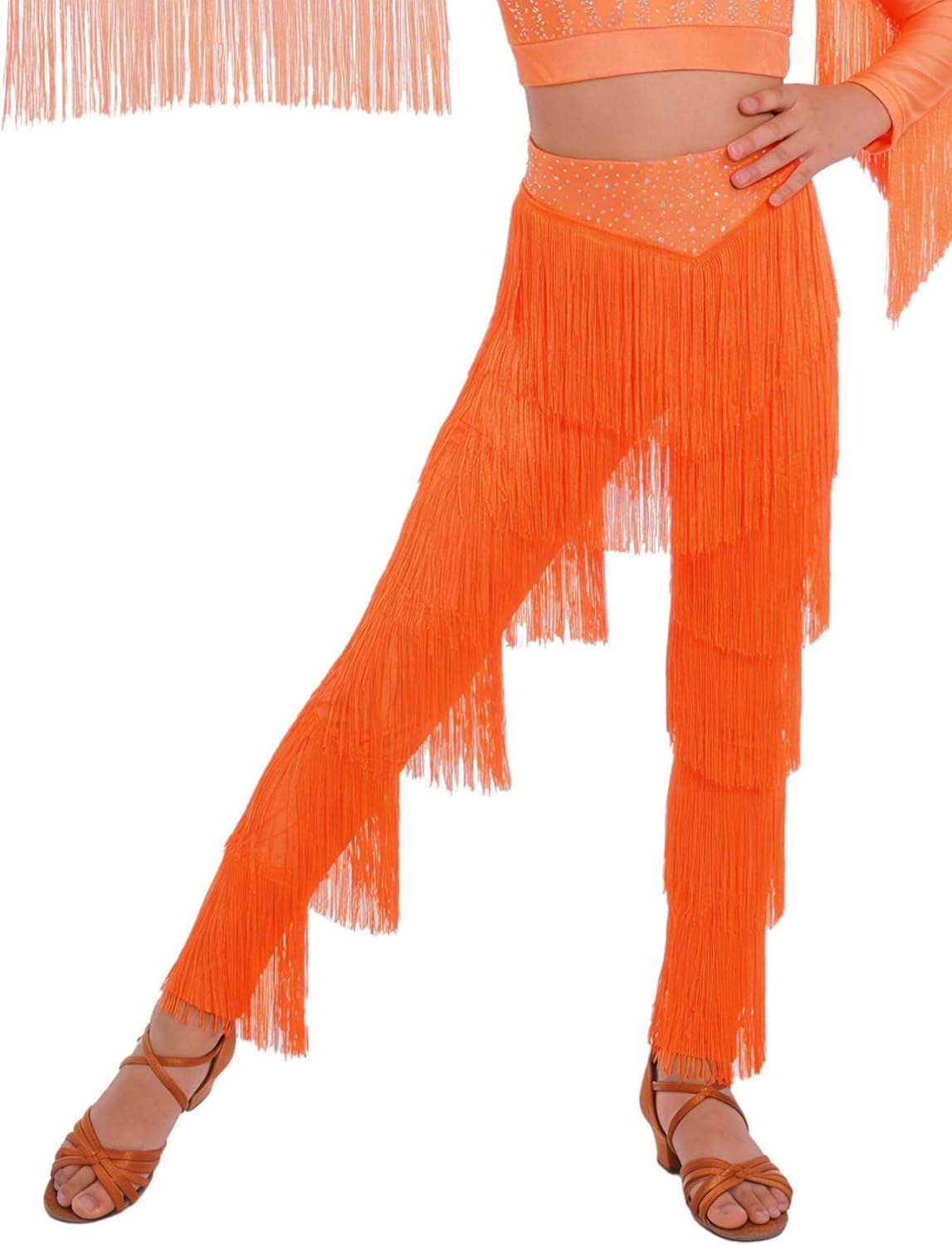 FEESHOW Tassle Latin Dance Pants for Girls Sparkly Rhinestones Salsa Cha Cha Dance Pants for Stage Performance