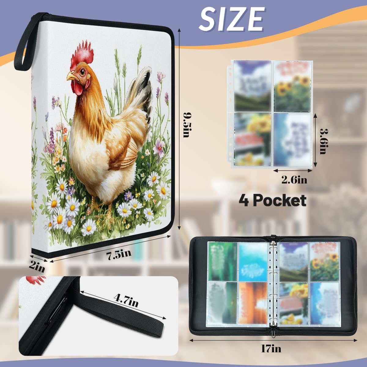 Carpeta de tarjetas coleccionables con 4 bolsillos, diseño de gallo y gallina, álbum de tarjetas con fundas extraíbles, impermeable, con cremallera, capacidad para 50 páginas y 400 tarjetas