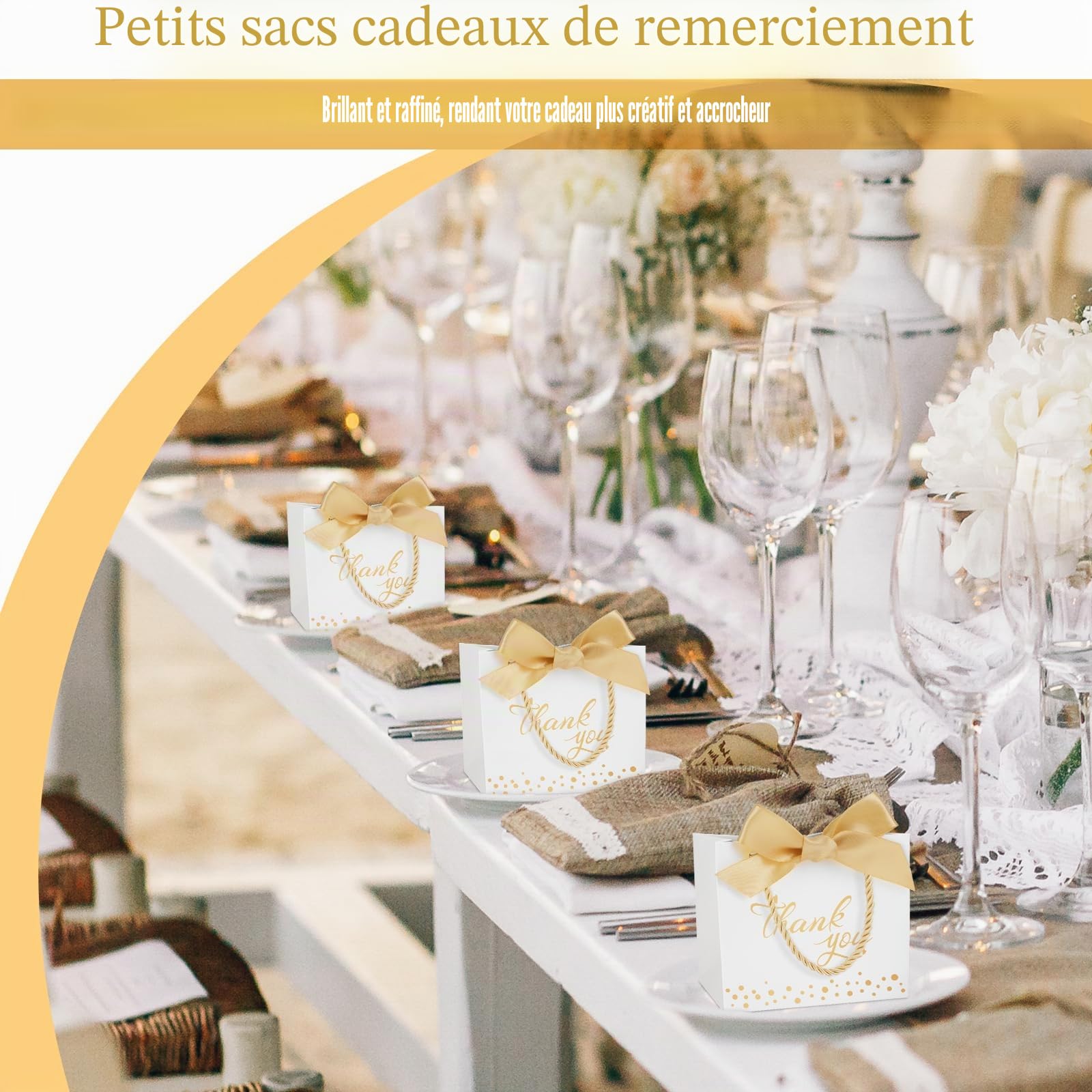 100 Pièce Thank You Sac Cadeau Sachet en Papier avec Poignées et Ruban Doré | Blanc Thank You Pochette Cadeau, Créative Petit Thank You Sacs Cadeaux pour Anniversaire Mariage Baptême Baby Showers Fête