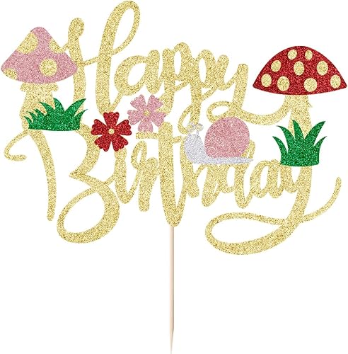 Miniatura 2 de Kaoenla Decoración para tartas de hongos con purpurina, hongos y flores en primavera, el tema, decoraciones de feliz cumpleaños para niñas y niños