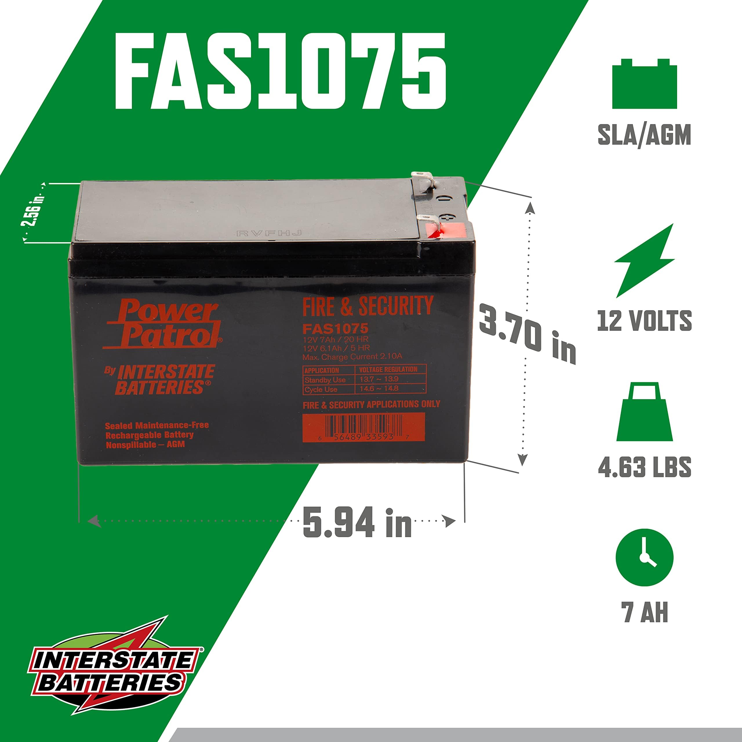 Interstate Batteries 12V 7AH Fire and Security Battery, Sealed Lead Acid (SLA) Battery (AGM). 187 Faston terminals, (FAS1075)