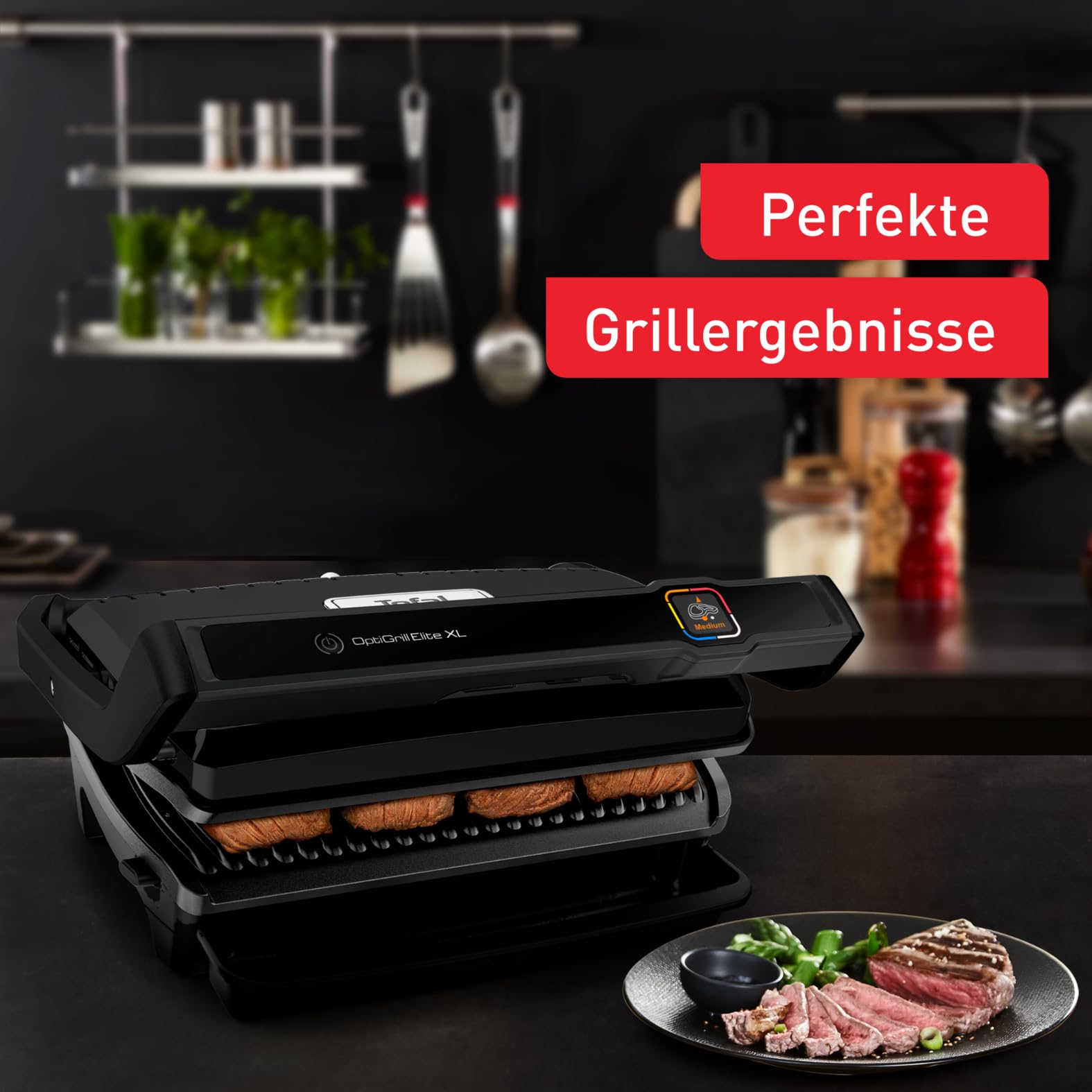 Tefal OptiGrill Elite XL GC760812 - Barbacoa de contacto con 16 programas, pantalla digital con indicador de cocción, placas XL desmontables, parrilla eléctrica, color negro
