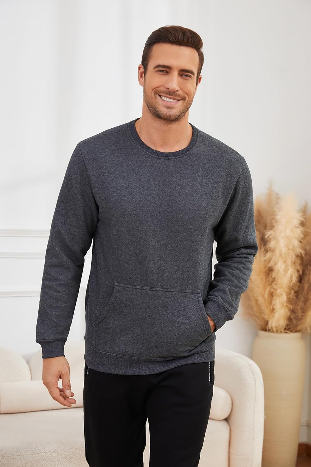 STICKON Mens Warm Sherpa Lined Sweatshirts Fleece Crewneck Sweater Winter Thermal Pullover with Kangaroo Pocket - Image 2