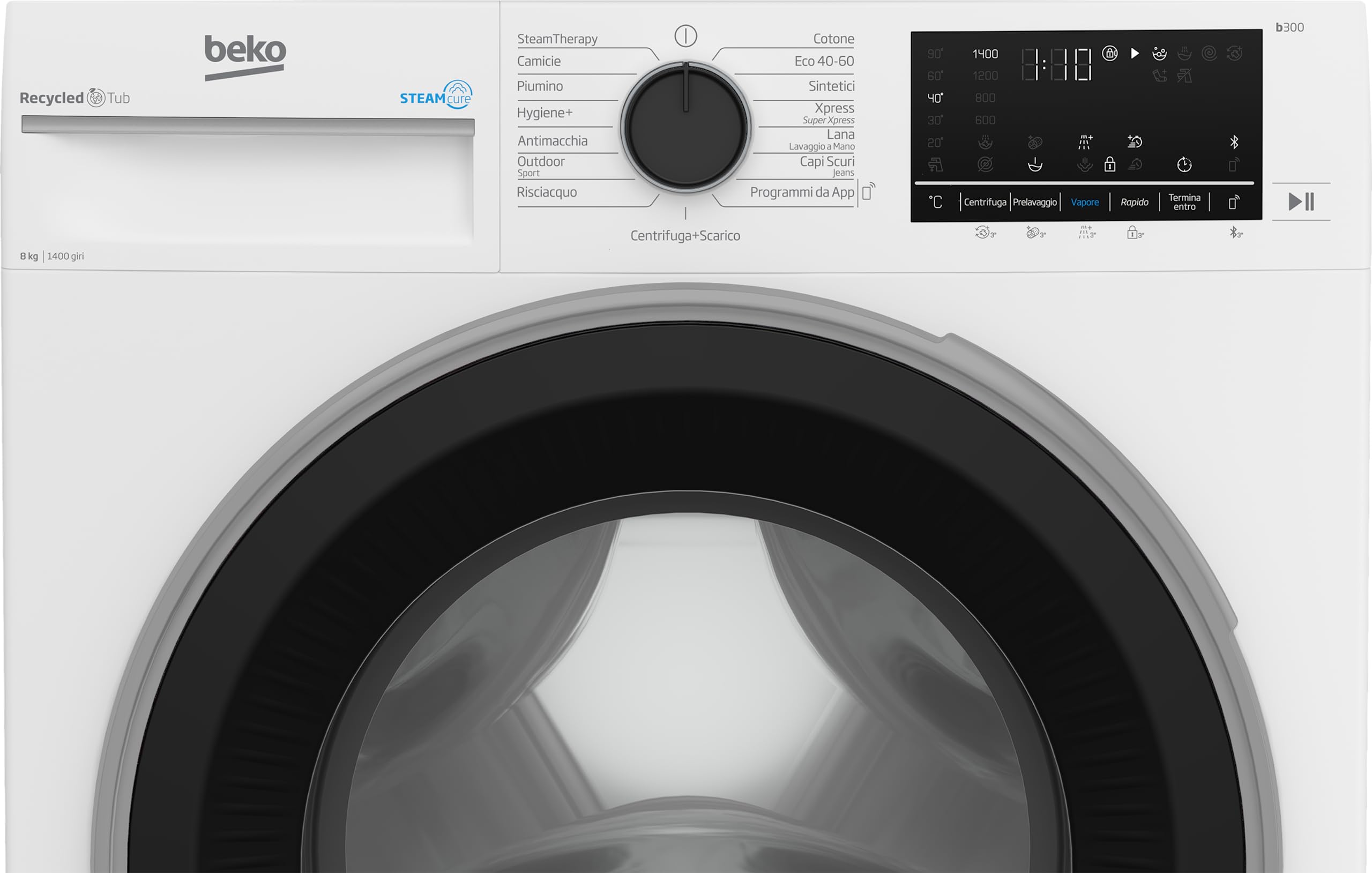 Beko - BWGU384S - Lavatrice 8kg, Classe A, 1400giri, Inverter, Vapore SteamCure, Cassetto detersivo autopulente, Bluetooth, Dimensioni AxLxP: 84x60x55cm. Profondità solo mobile:50cm