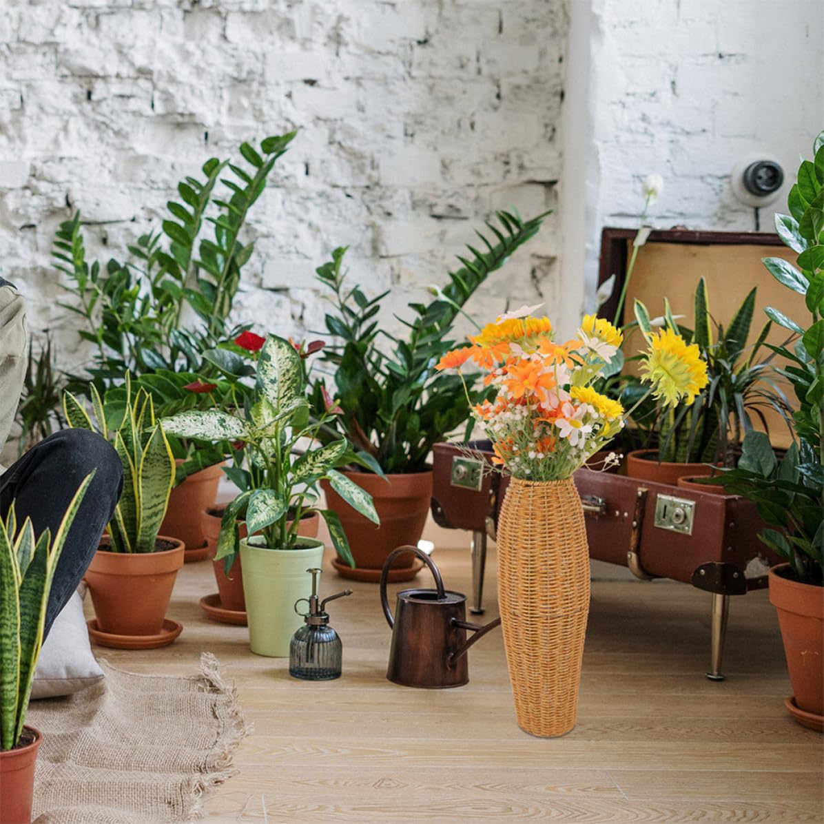 Yardenfun Jarrones Grandes para Suelo de Imitación de Ratán, 2 Unidades, Florero Decorativo de Interior Hecho a Mano, Plástico Resistente y Diseño Rústico para Decoración del Hogar