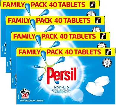 Persil Laundry Tablets Family Pack Gentle next to Skin Touch on Stains New Concentrated Formula for Effortless Laundry, Non-Bio 40 tablets, 20 Wash 1.2KG Pack of 4