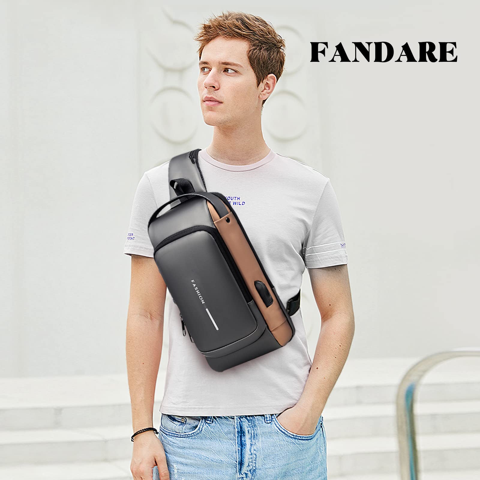 FANDARE Anti-theft Sling Bag Business Men Bag Chest Crossbody bags with USB, Gray Brown, Large