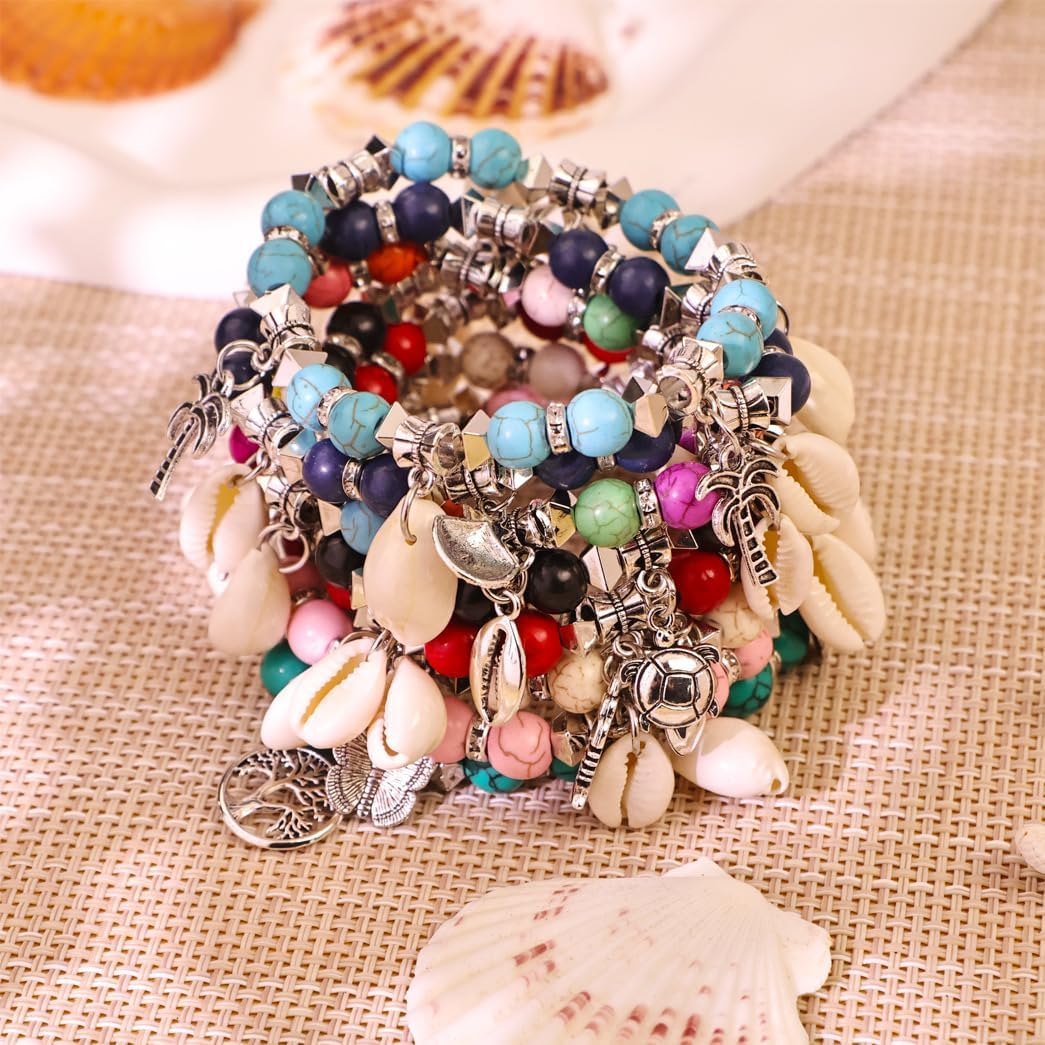 Pingyongchang Colorful Turquoise Beaded Stretch Bracelet Boho Handmade Sea Turtle Shell Conch Palm Trees Natural Stone Bracelet Summer Beach Jewelry Gifts for Women - Image 6