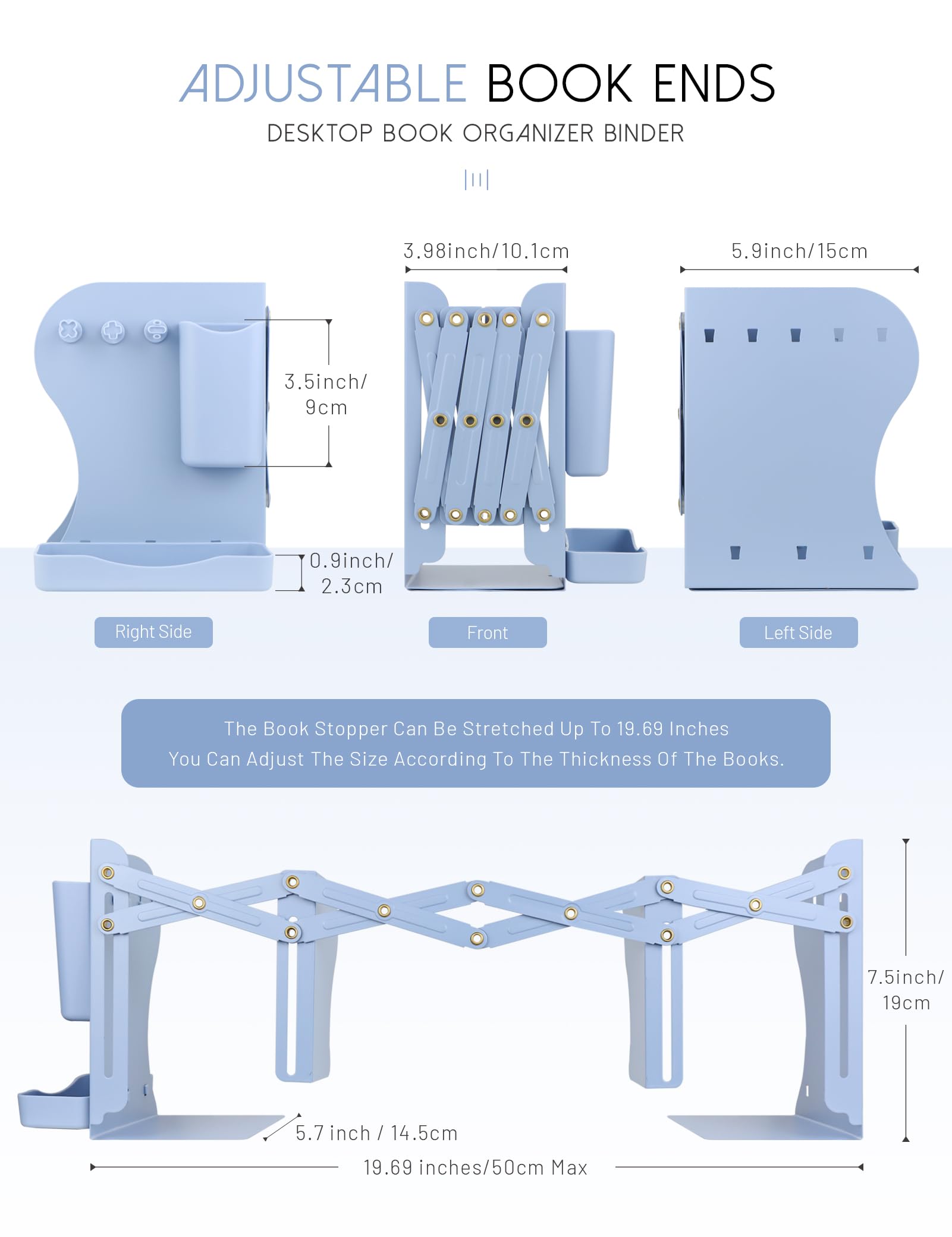 Amazon.com: GAUENEEN Heavy Duty Bookends Adjustable Book End, Desk Book  Holder for Shelves, Book Organizer for Desk, Suitable for Office Home  School (19.69 inches Max) (Blue) : Office Products
