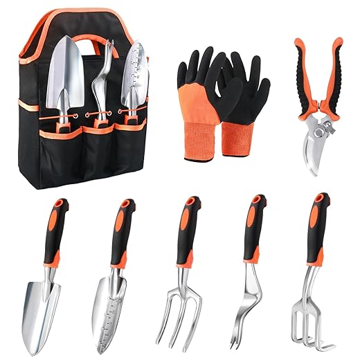 Garden Tools Set, 8 Piece Gardening Tools Set with Non Slip Ergonomic Handle, Heavy Duty Garden Tool Set with Storage Bag, Gardening Kit for Women, Garden Hand Tools Gift for Women and Men, Orange
