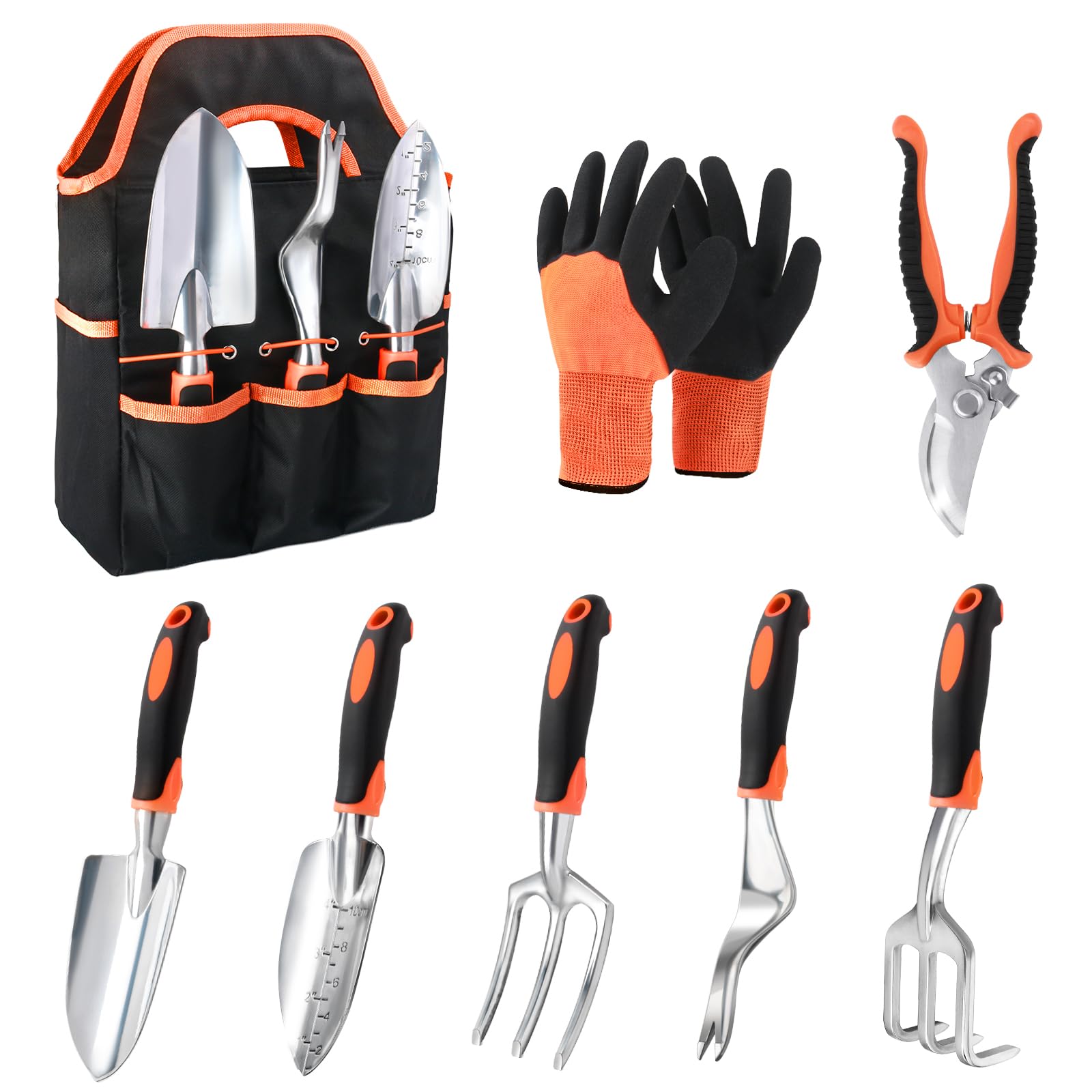 Garden Tools Set, 8 Piece Gardening Tools Set with Non Slip Ergonomic Handle, Heavy Duty Garden Tool Set with Storage Bag, Gardening Kit for Women, Gardening Hand Tools Gift for Women and Men, Orange